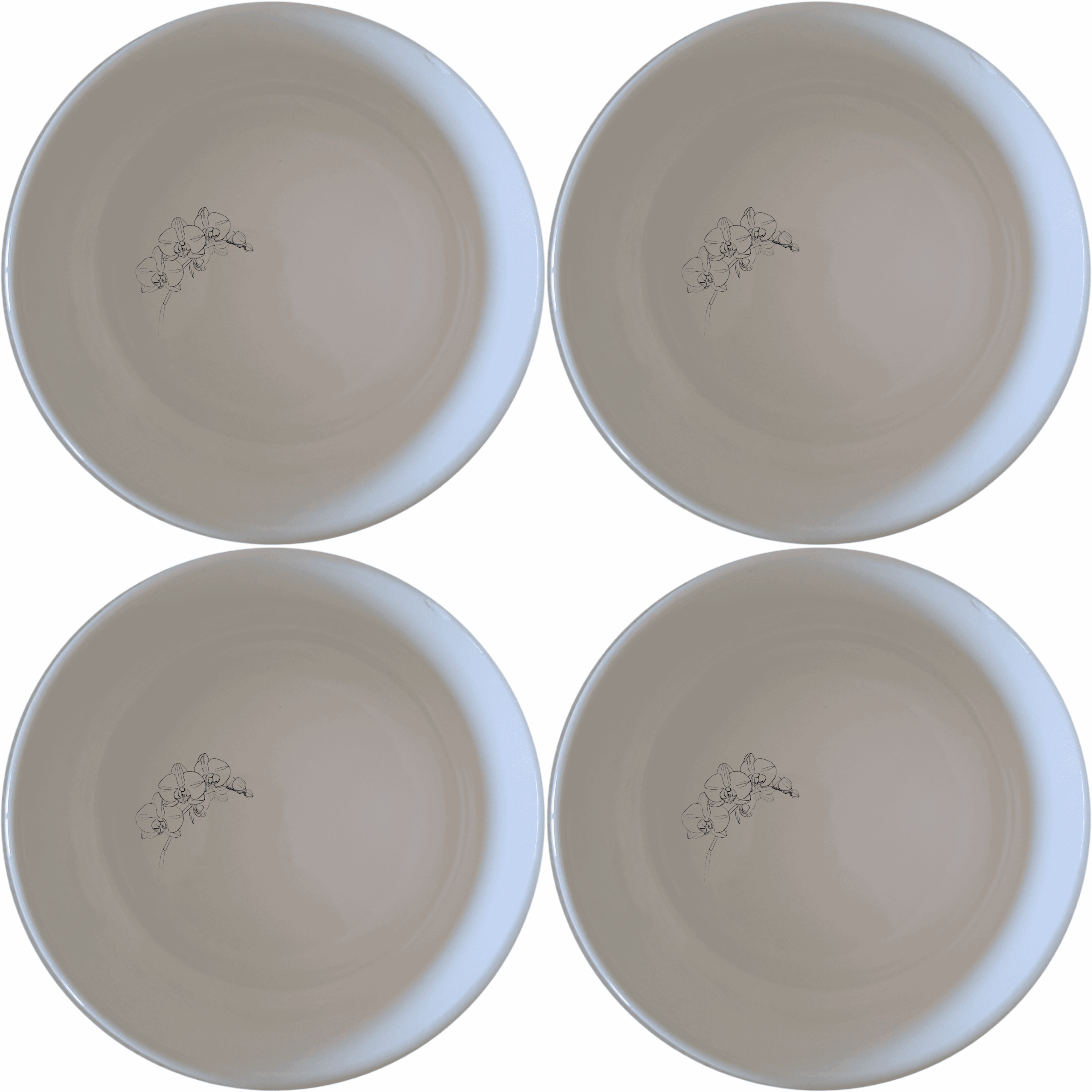 The Orchid Stems Bowl Set of 4 features delicate laser-etched orchid designs on white ceramic bowls, perfect for any dining occasion.