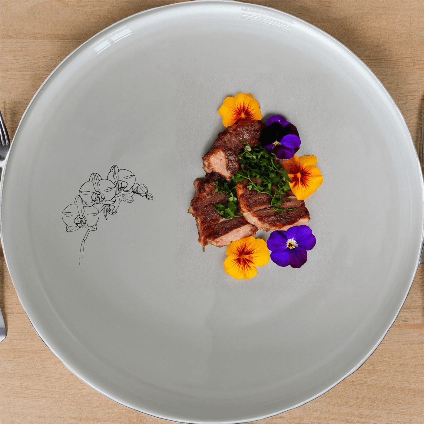 The Orchid Stems Side Plate Set of 4 features delicate laser-etched orchid designs on a pristine white ceramic surface, perfect for adding a touch of nature to any dining setting.