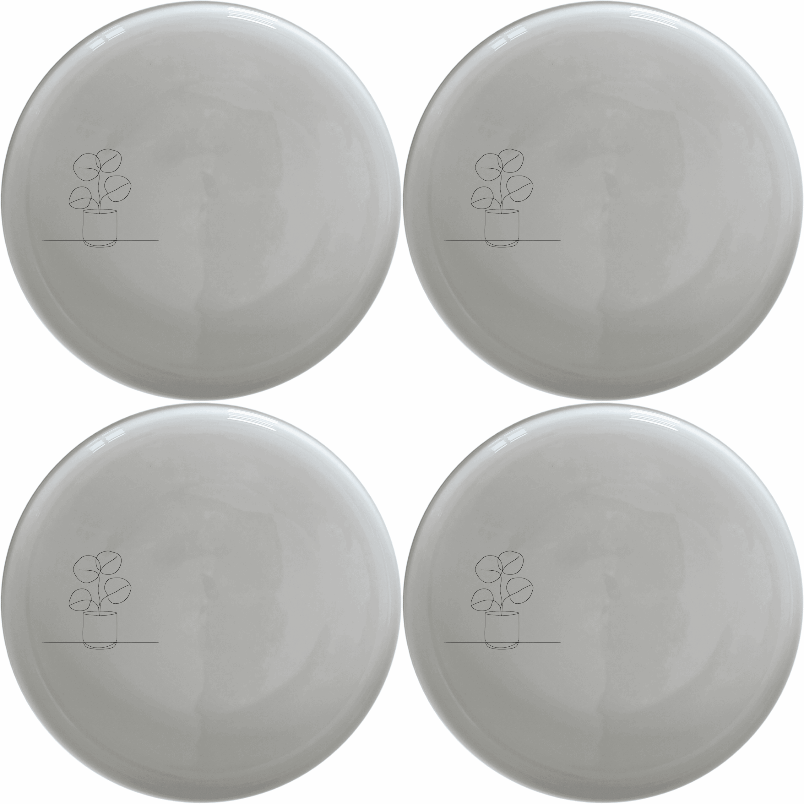 The Pilea Plant Dinner Plate Set of 4 features a minimalist design with a delicate plant illustration, perfect for modern dining settings.