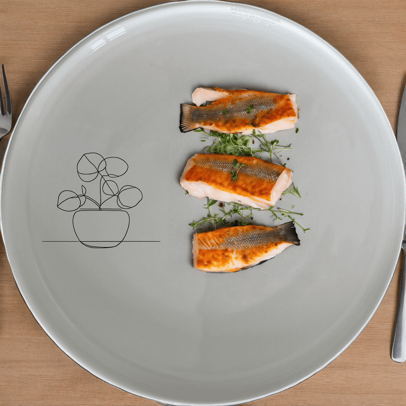 The Pilea Peperomioides Side Plate Set of 4 features a minimalist design with a subtle plant motif, perfect for modern dining settings.