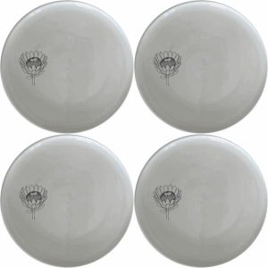 The Pincushion Protea Flower Side Plate Set of 4 features a beautiful laser-etched design on a sleek white ceramic surface, perfect for any dining occasion.