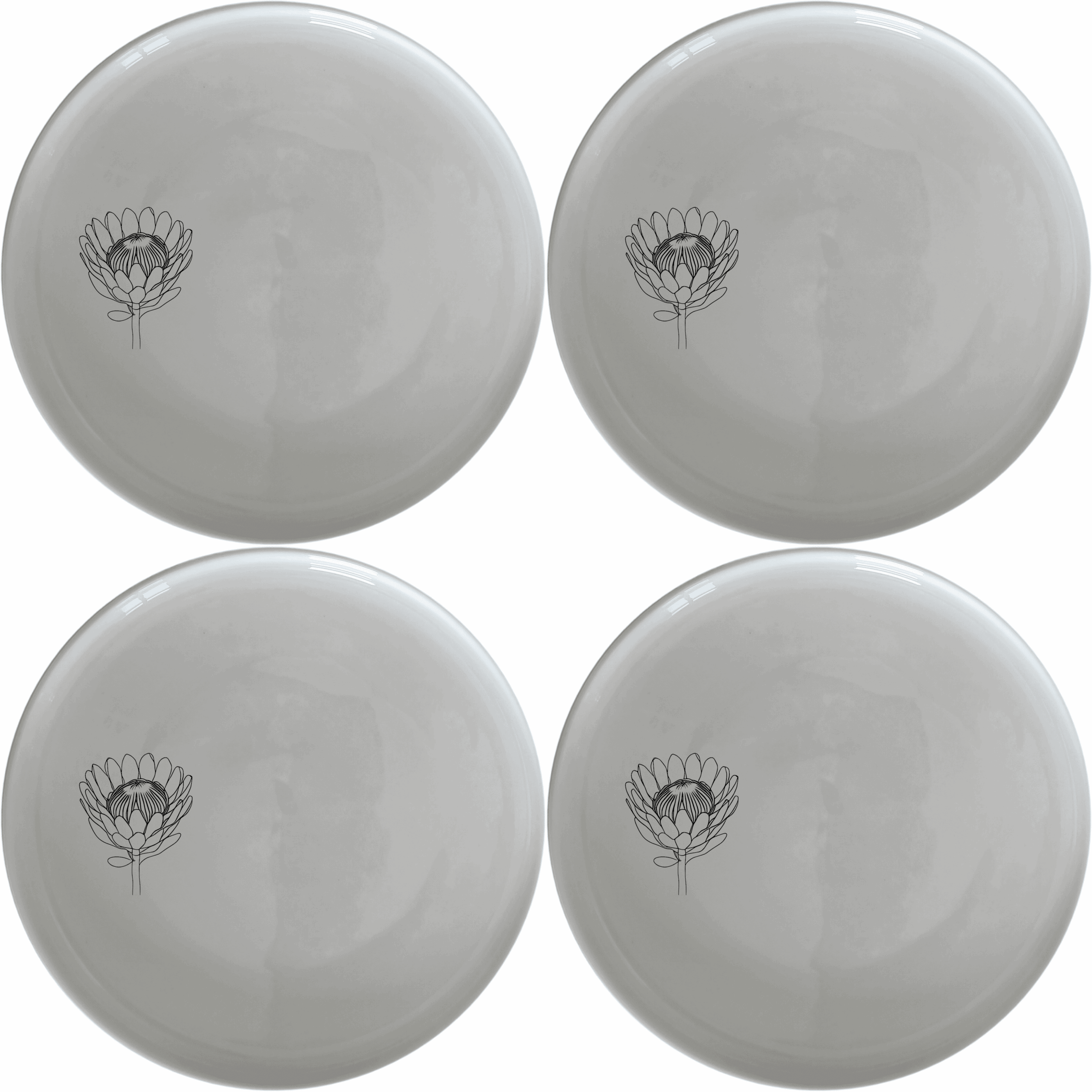 The Pincushion Protea Flower Side Plate Set of 4 features a beautiful laser-etched design on a sleek white ceramic surface, perfect for any dining occasion.
