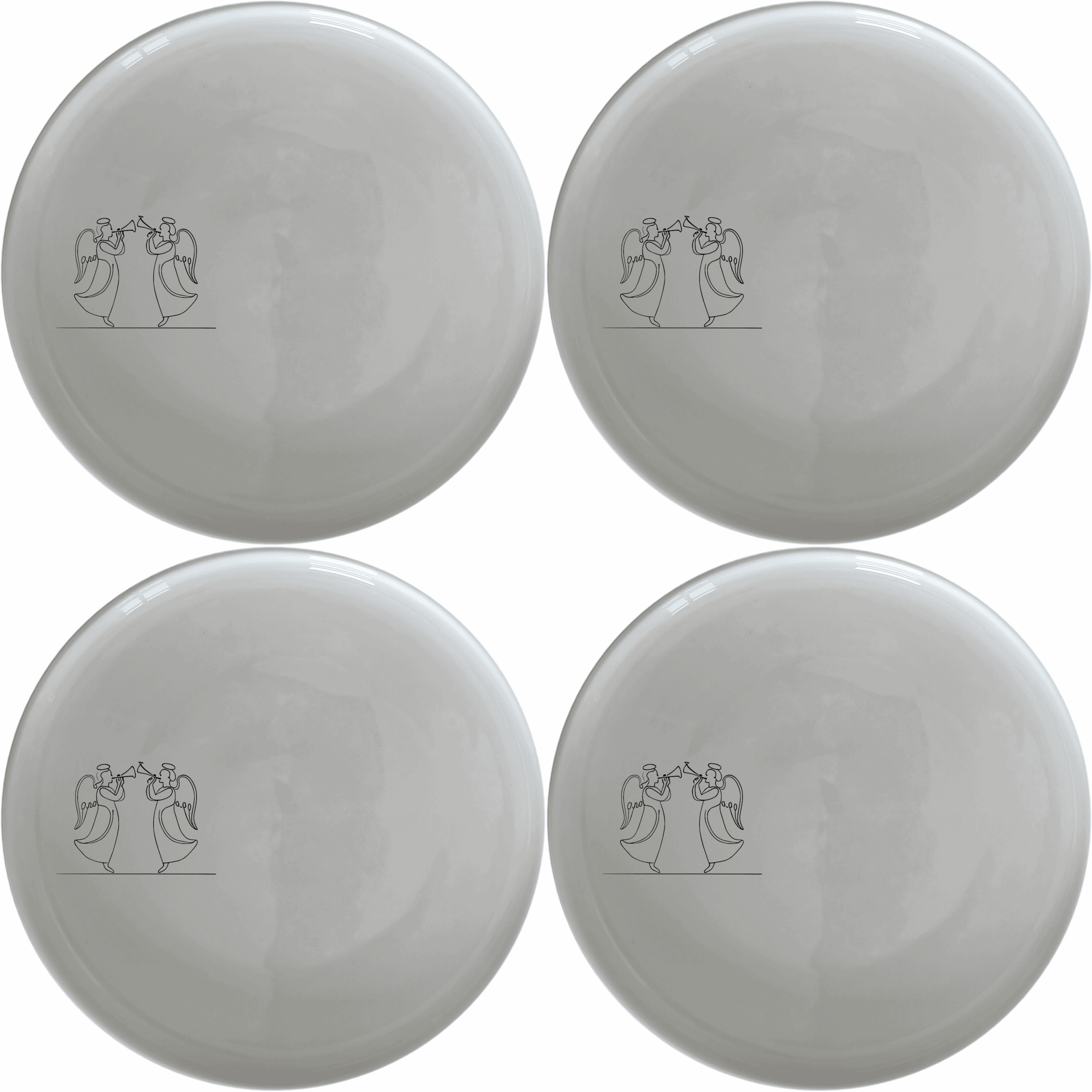 Angels Trumpet Dinner Plate Set of 4 - Range 4 is a stunning set of four white ceramic plates, each featuring an elegant laser-etched design of two angels playing trumpets. Perfect for elevating any dining experience.
