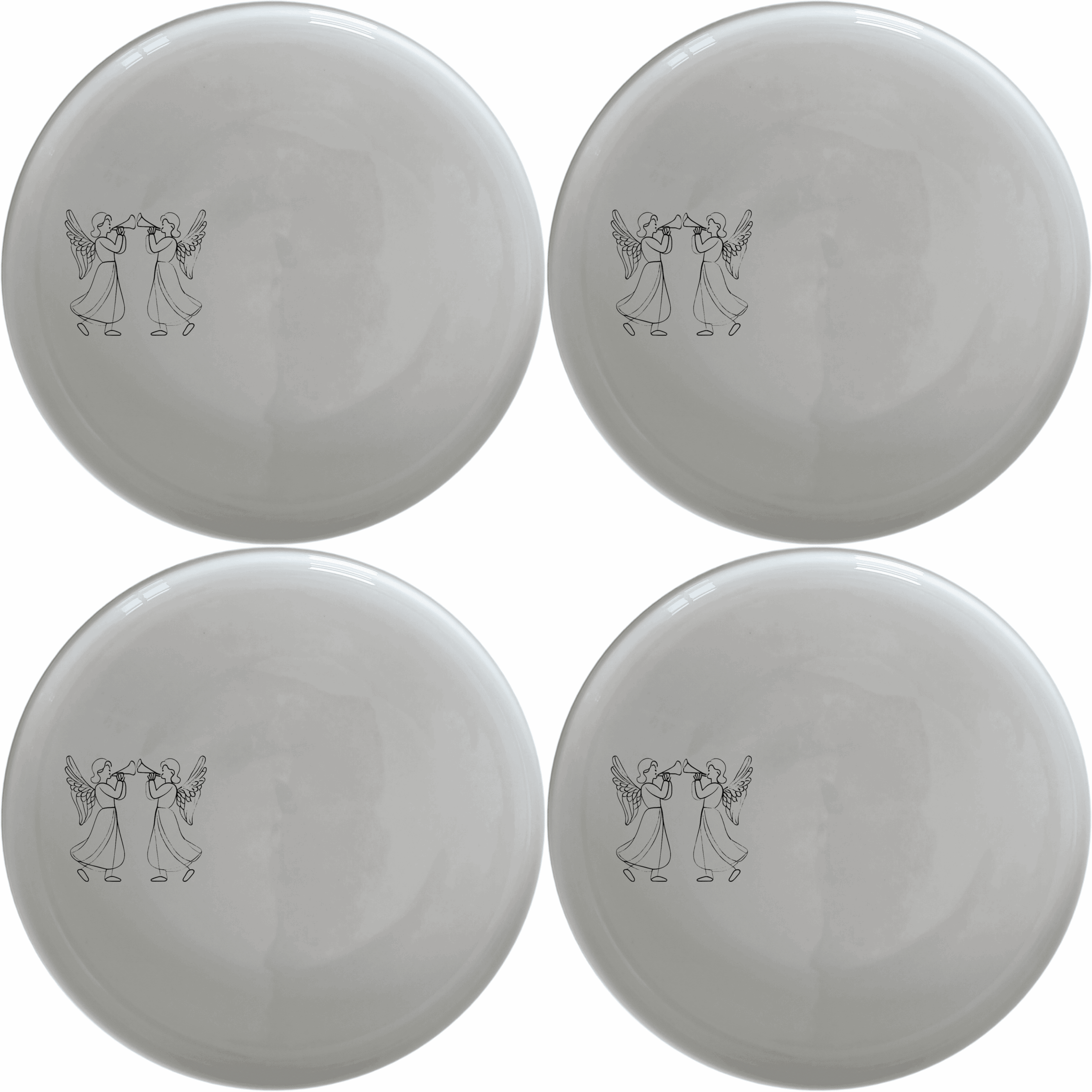 Angels Trumpet Side Plate Set of 4 - Range 1 is a beautiful and elegant set of four white ceramic side plates, each featuring a laser-etched design of two angels playing trumpets. Perfect for adding a touch of celestial charm to your dining table.