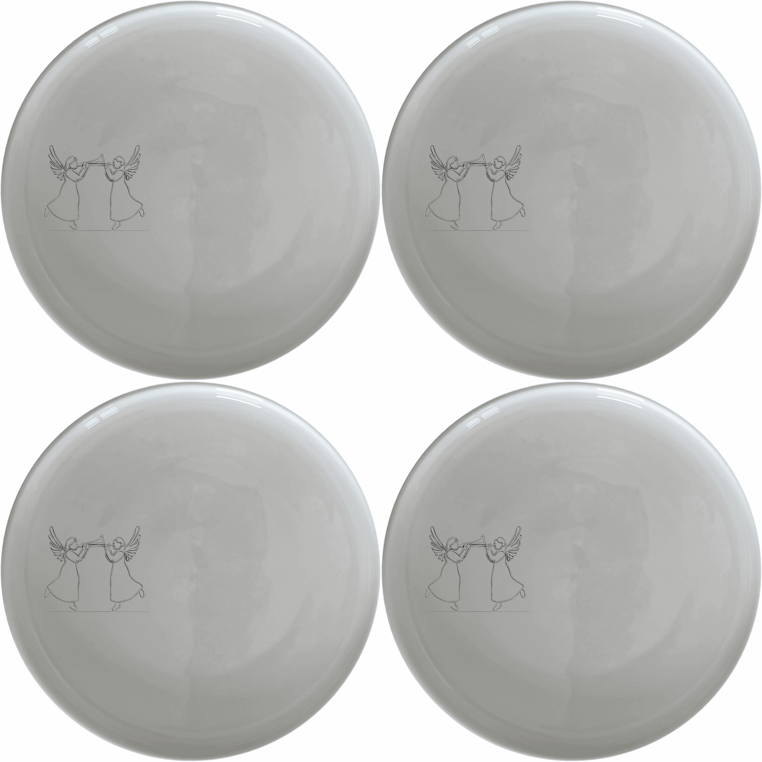 Angels Trumpet Side Plate Set of 4 - Range 2 is a beautiful and elegant set of four white ceramic side plates featuring a laser-etched design of two angels playing trumpets. Perfect for any dining occasion.