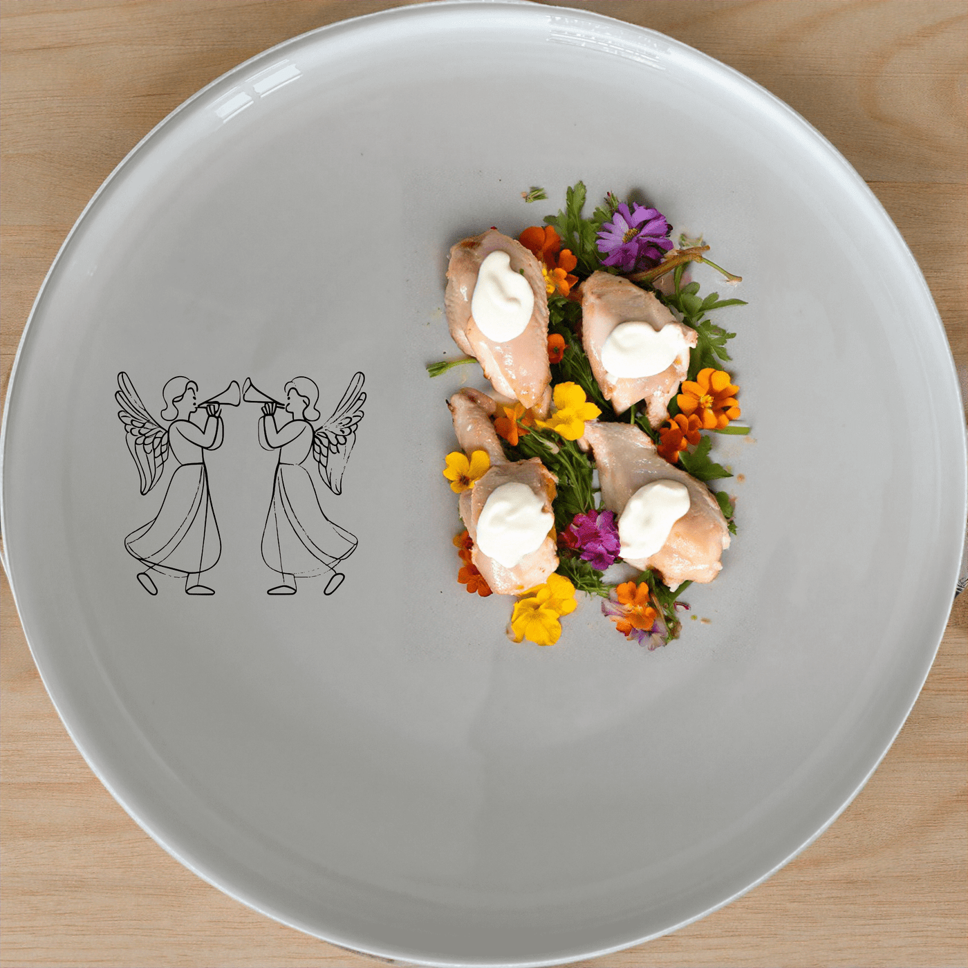 The Angels Trumpet Dinner Plate Set of 4 - Range 1 features elegant silhouettes of angels playing trumpets, perfect for adding a touch of celestial charm to your dining experience.