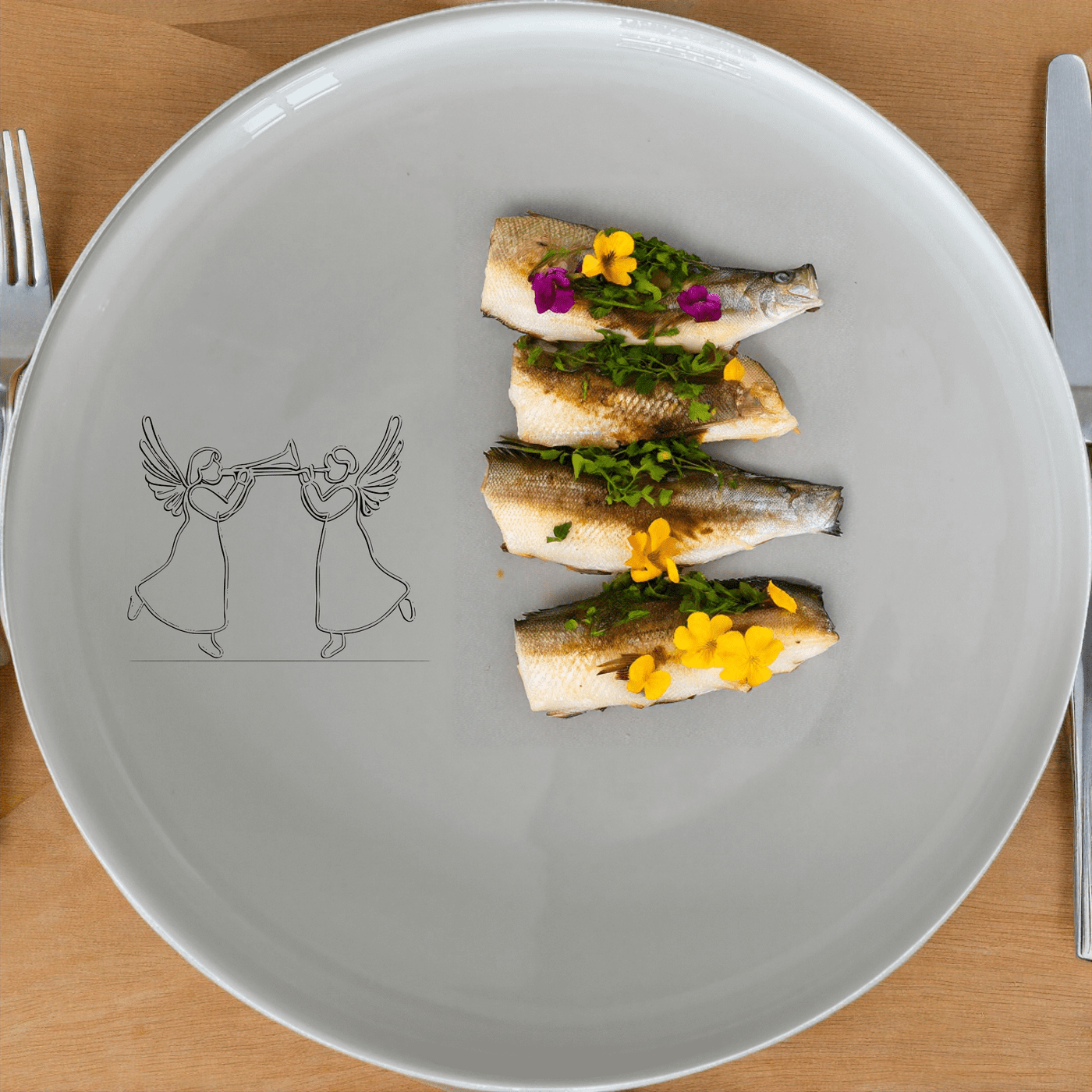 Angels Trumpet Dinner Plate Set of 4 - Range 2 is a beautifully designed dinner plate set featuring two angels playing trumpets. Perfect for festive gatherings and special occasions.
