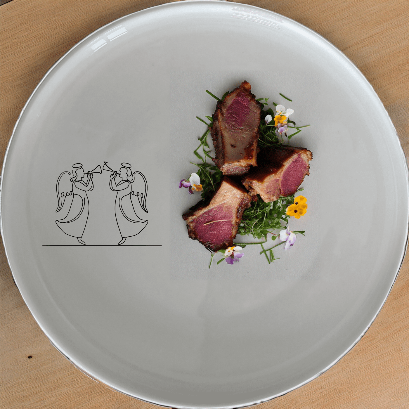 Angels Trumpet Dinner Plate Set of 4 - Range 4 is a stunning set of four white ceramic plates, each featuring an elegant laser-etched design of two angels playing trumpets. Perfect for elevating any dining experience.