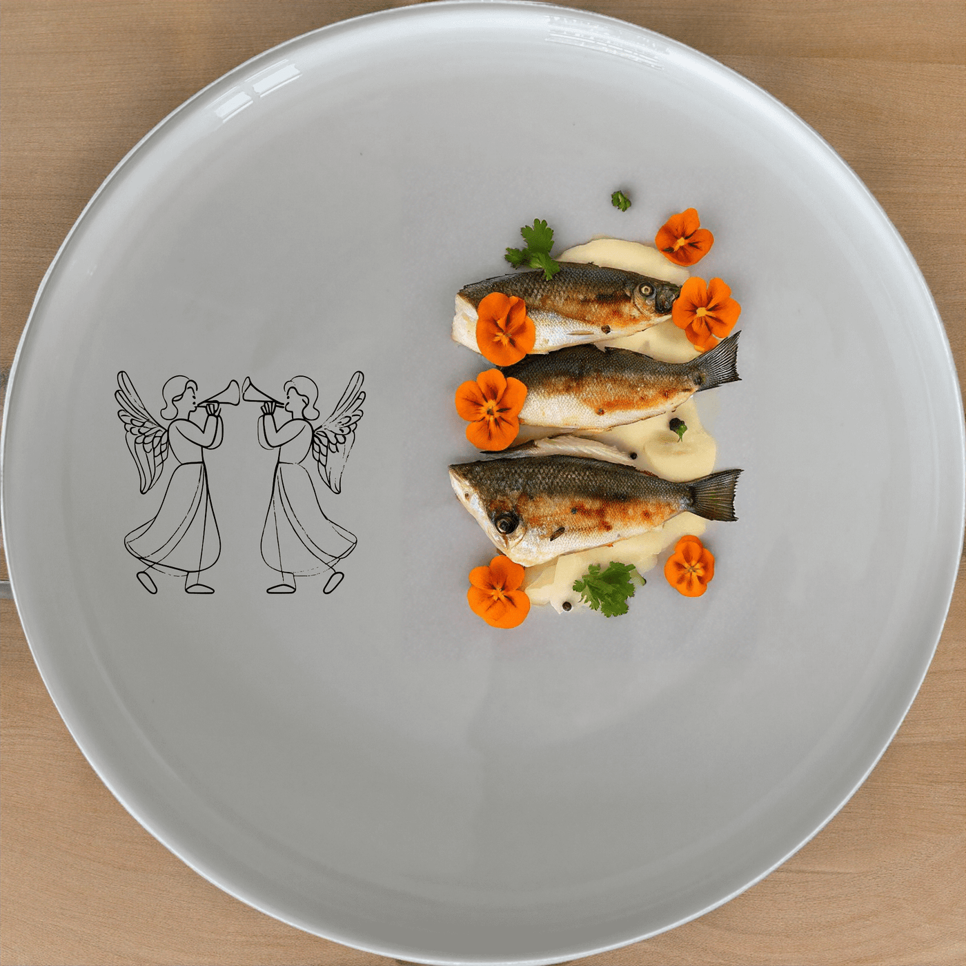 Angels Trumpet Side Plate Set of 4 - Range 1 is a beautiful and elegant set of four white ceramic side plates, each featuring a laser-etched design of two angels playing trumpets. Perfect for adding a touch of celestial charm to your dining table.