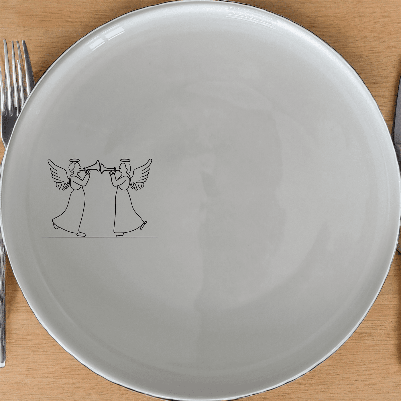 Angels Trumpet Side Plate Set of 4 - Range 3 is a beautiful and elegant set of four white ceramic side plates featuring a laser-etched design of two angels playing trumpets. Perfect for adding a touch of celestial charm to your dining table.