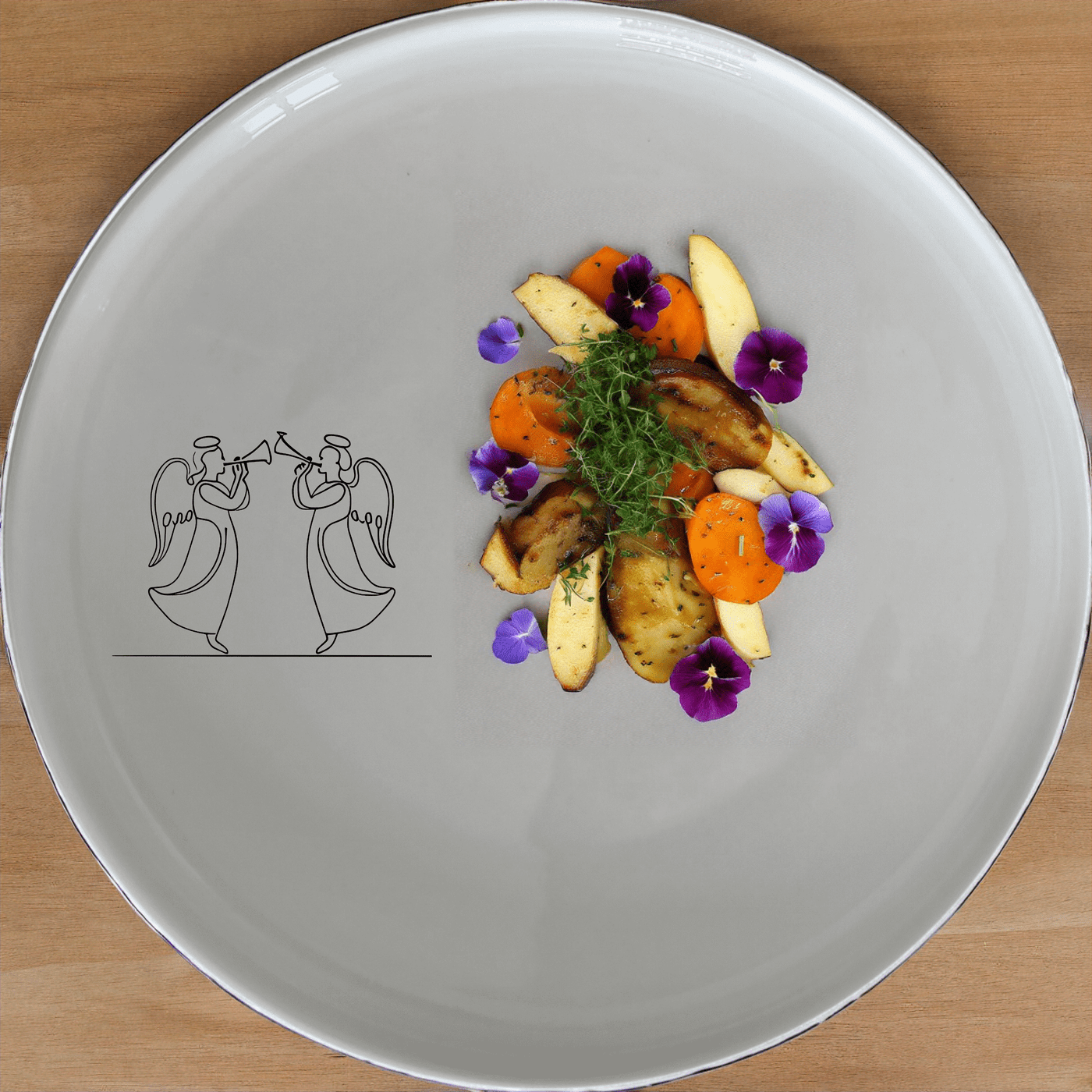 Angels Trumpet Side Plate Set of 4 - Range 4 is a stunning set of four elegant white ceramic plates featuring a delicate laser-etched design of two angels with trumpets. Perfect for adding a touch of sophistication to any dining table.