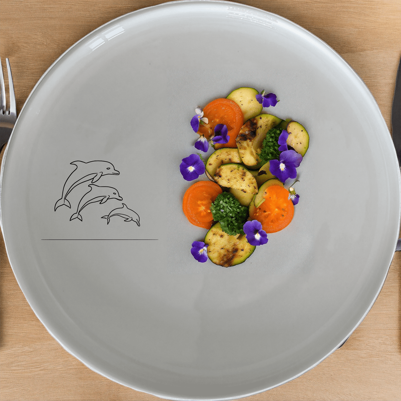 Jumping Pod Dolphins Dinner Plate Set of 4 - Range 1 is a stylish and modern dinner plate set featuring an elegant dolphin design, perfect for any dining occasion.