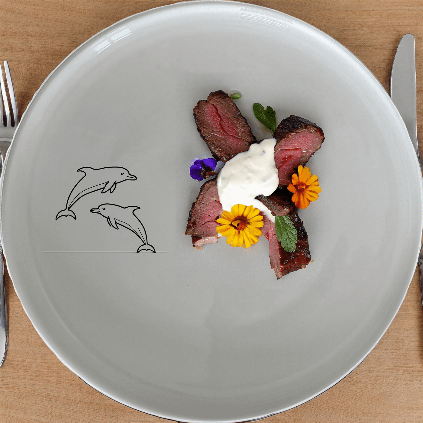 Jumping Dolphins Dinner Plate Set of 4 - Range 3 is a stylish and modern dinner plate set featuring elegant dolphin artwork, perfect for any dining occasion.