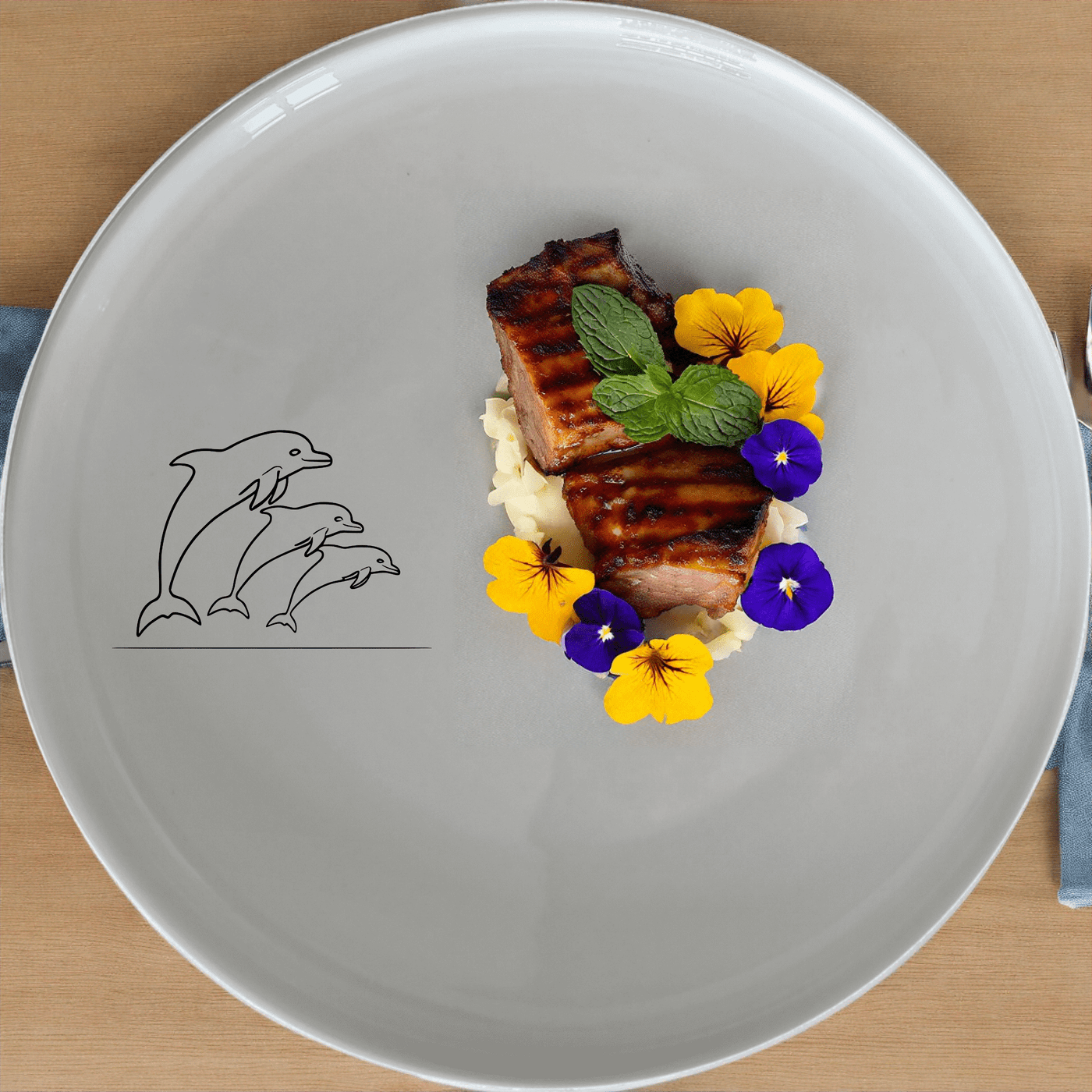 Pod Jumping Dolphins Side Plate Set of 4 - Range 2 is a captivating set of four white ceramic side plates featuring an elegant dolphin design, perfect for modern dining.