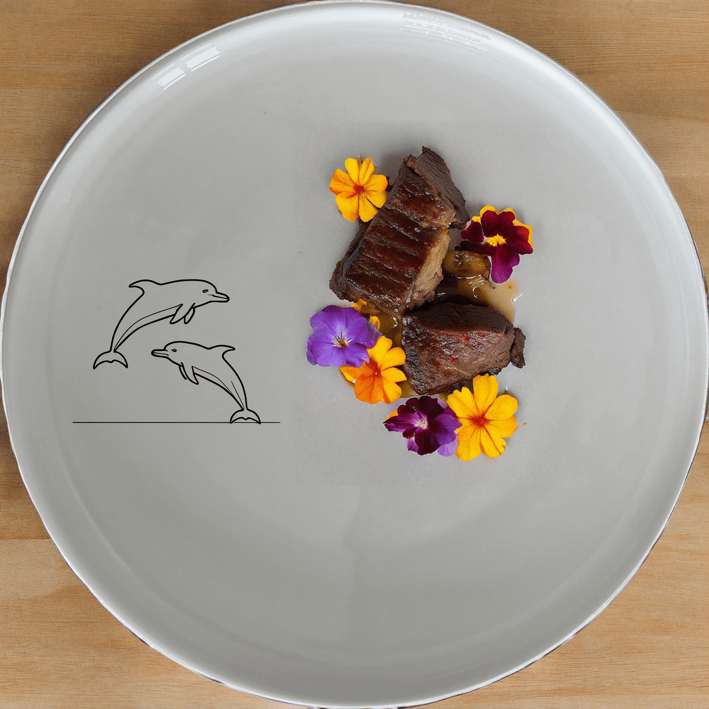 Jumping Dolphins Side Plate Set of 4 - Range 3 is a beautiful set of four white ceramic plates featuring a laser-etched design of two dolphins jumping in unison. Perfect for any occasion, these plates are both stylish and practical.