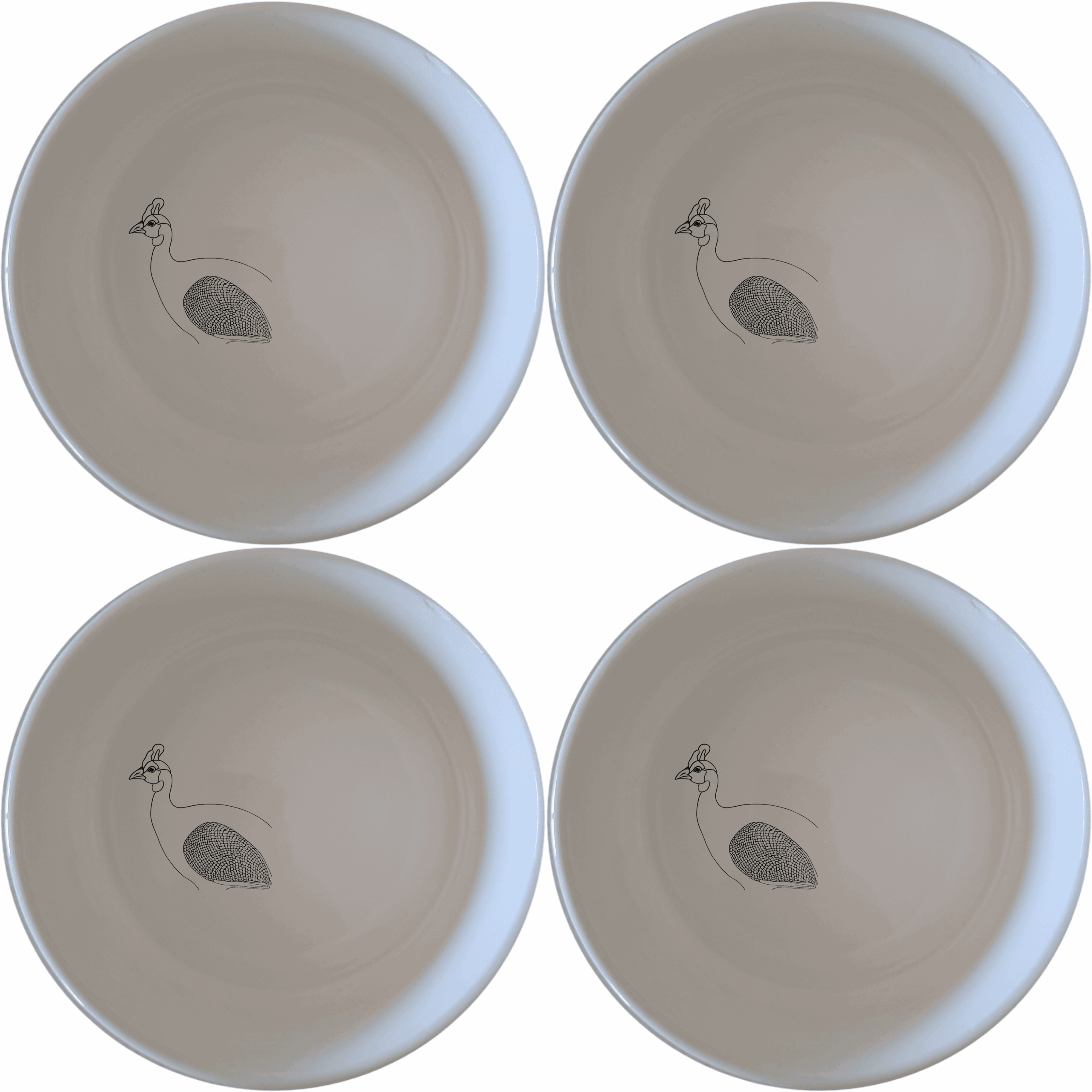 The South African Helmeted Guineafowl Bowl Set of 4 features elegant ceramic bowls with a distinctive bird design, perfect for any dining occasion.