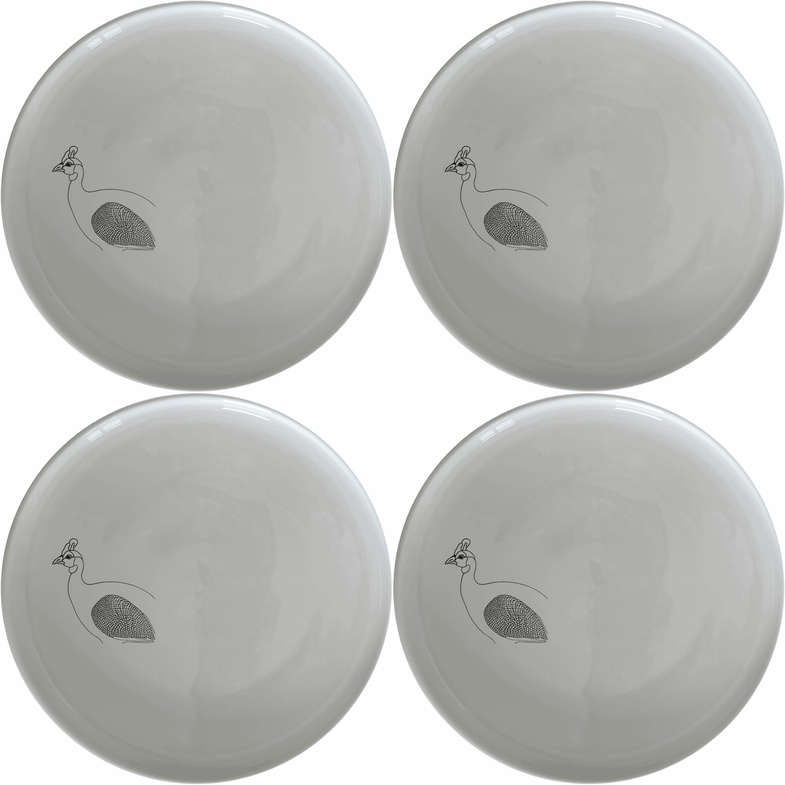 The Helmeted Guineafowl Dinner Plate Set of 4 features elegant laser-etched designs perfect for any dining occasion.