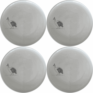 The Helmeted Guineafowl Side Plate Set of 4 features a minimalist design with an elegant silhouette of the bird, perfect for modern dining settings.