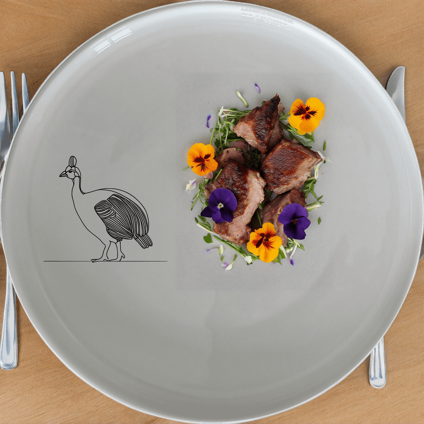 The Helmeted Guineafowl Side Plate Set of 4 features a minimalist design with an elegant silhouette of the bird, perfect for modern dining settings.