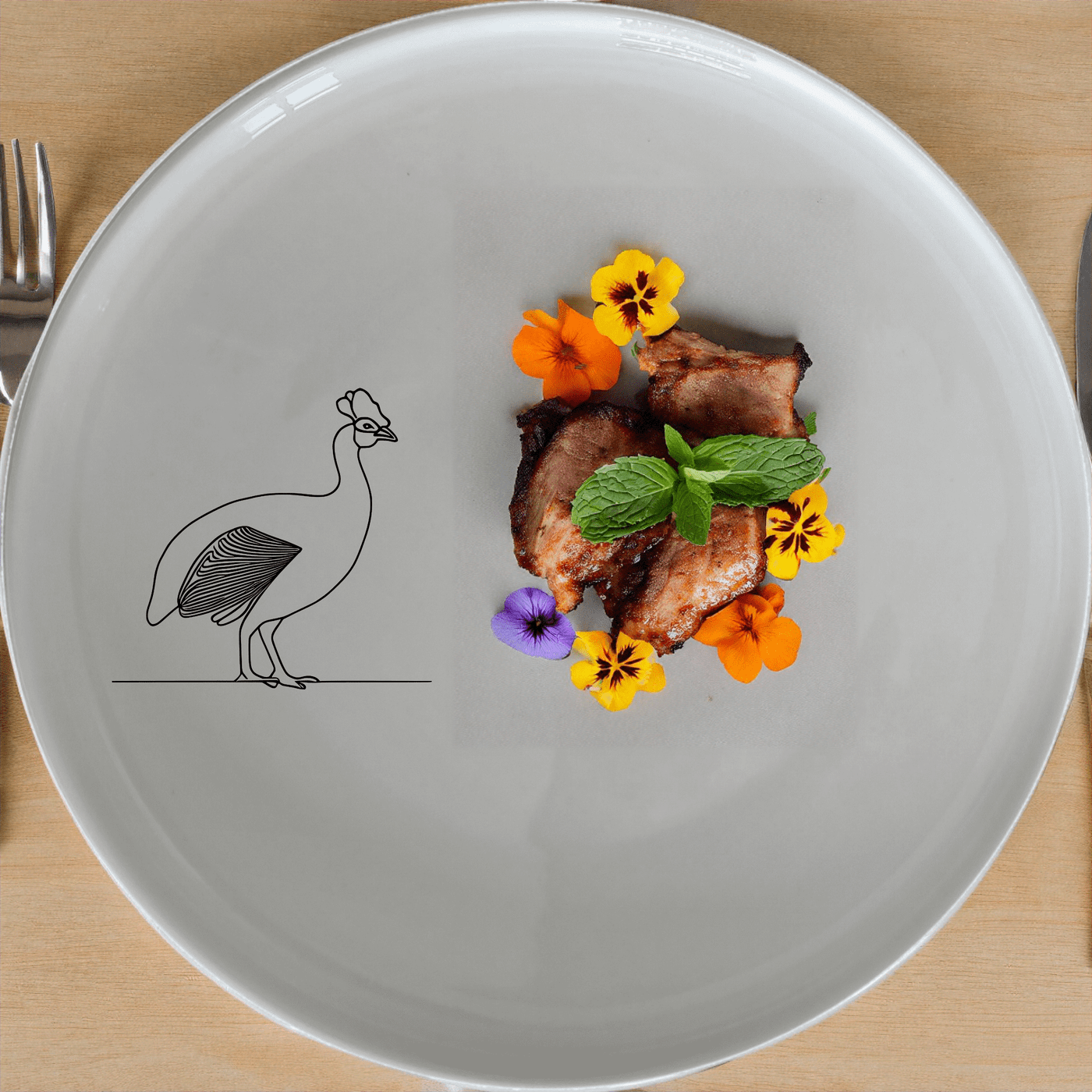 South African Helmeted Guineafowl Side Plate Set of 4 features elegant laser-etched designs on white ceramic plates, perfect for modern dining.