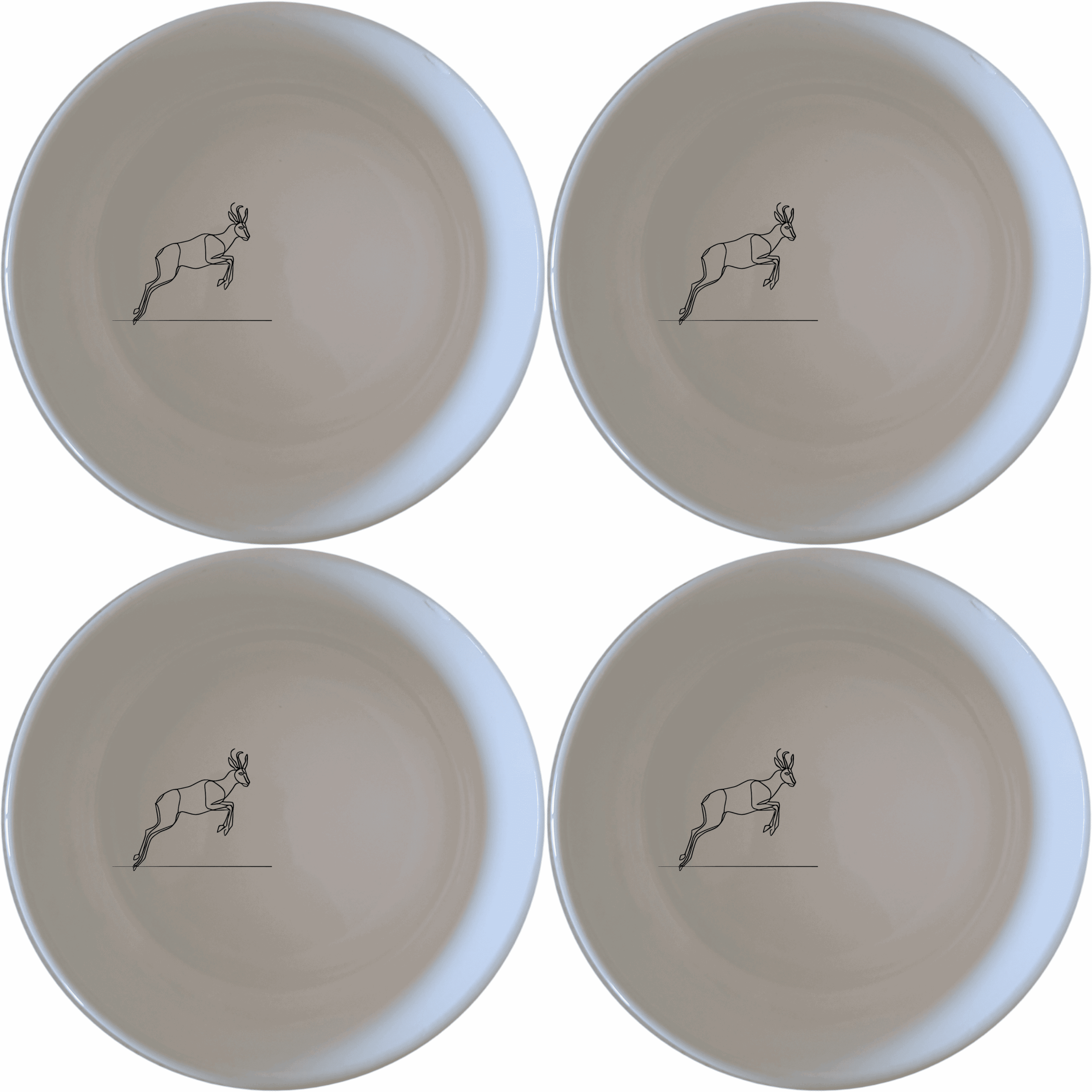 The Springbok Leaping Graceful Silhouette Bowl Set of 4 features a leaping springbok antelope silhouette design, perfect for adding a touch of nature to your dining experience.