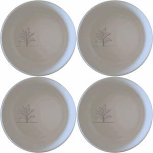 The Stromanthe Triostar Bowl Set of 4 features a modern, minimalist design with subtle botanical accents, perfect for everyday use or special occasions.