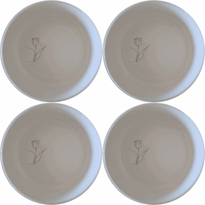 The Tulips Bowl Set of 4 features a minimalist design with a subtle tulip illustration, perfect for everyday use and special occasions.