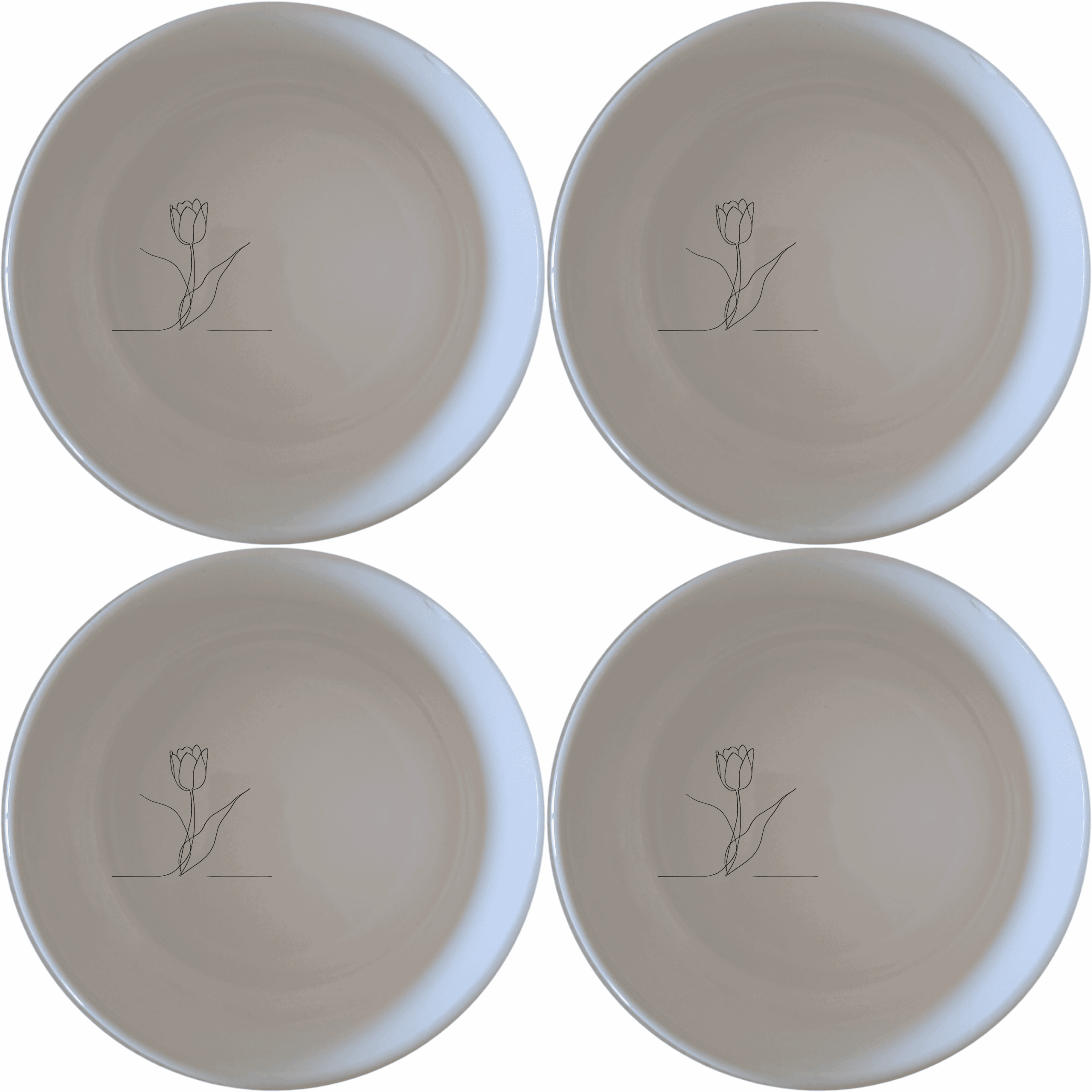 The Tulips Bowl Set of 4 features a minimalist design with a subtle tulip illustration, perfect for everyday use and special occasions.