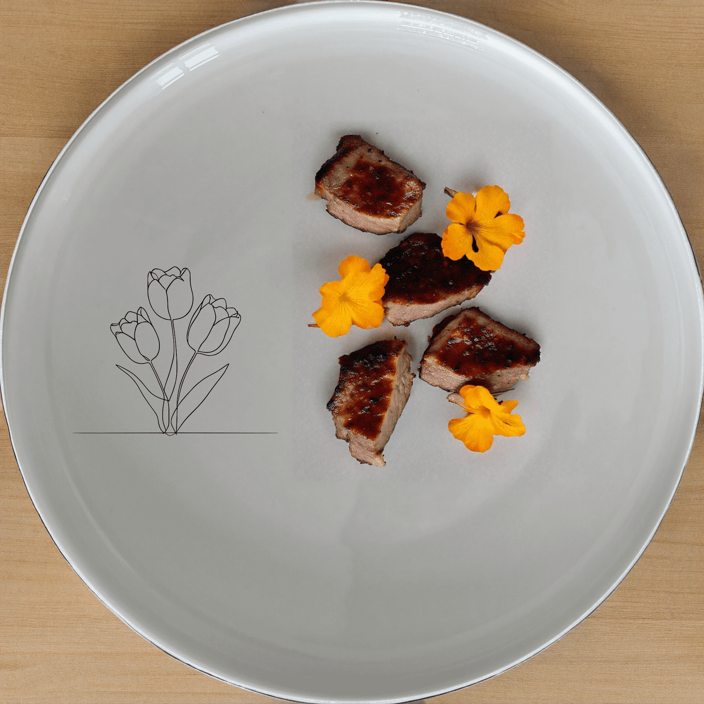 The Tulips Dinner Plate Set of 4 features a minimalist design with elegant tulip illustrations, perfect for any dining occasion.