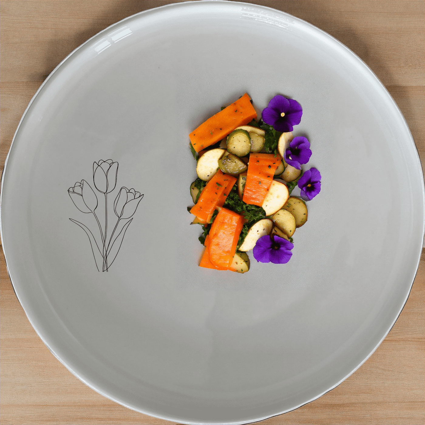 The Tulips Side Plate Set of 4 features a delicate laser-etched design on white ceramic, perfect for everyday use or special occasions.