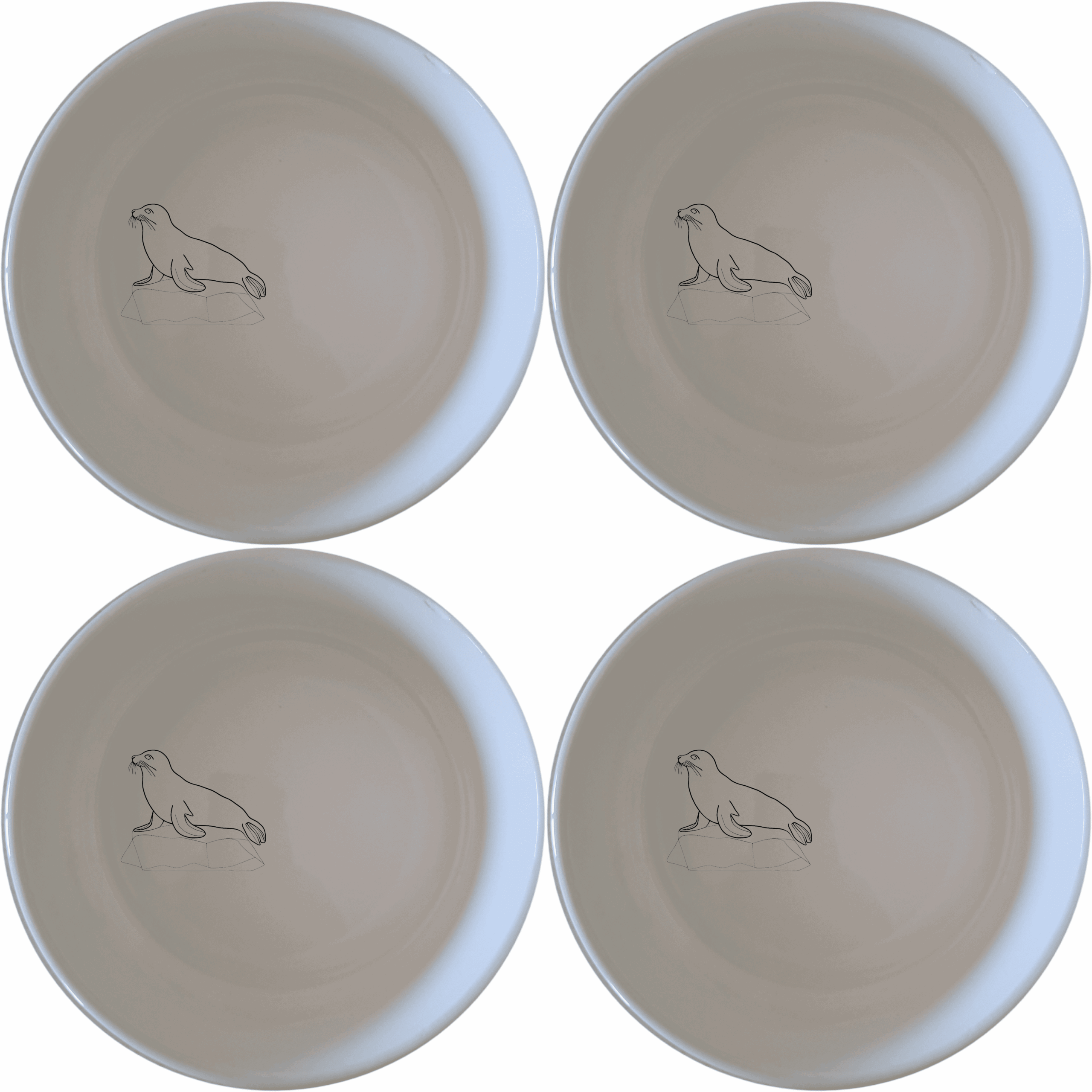 Abstract Harbor Seal Bowl Set of 4 - Range 4 is a beautiful and unique set of four white ceramic bowls featuring an abstract harbor seal design. Perfect for any kitchen or dining room.