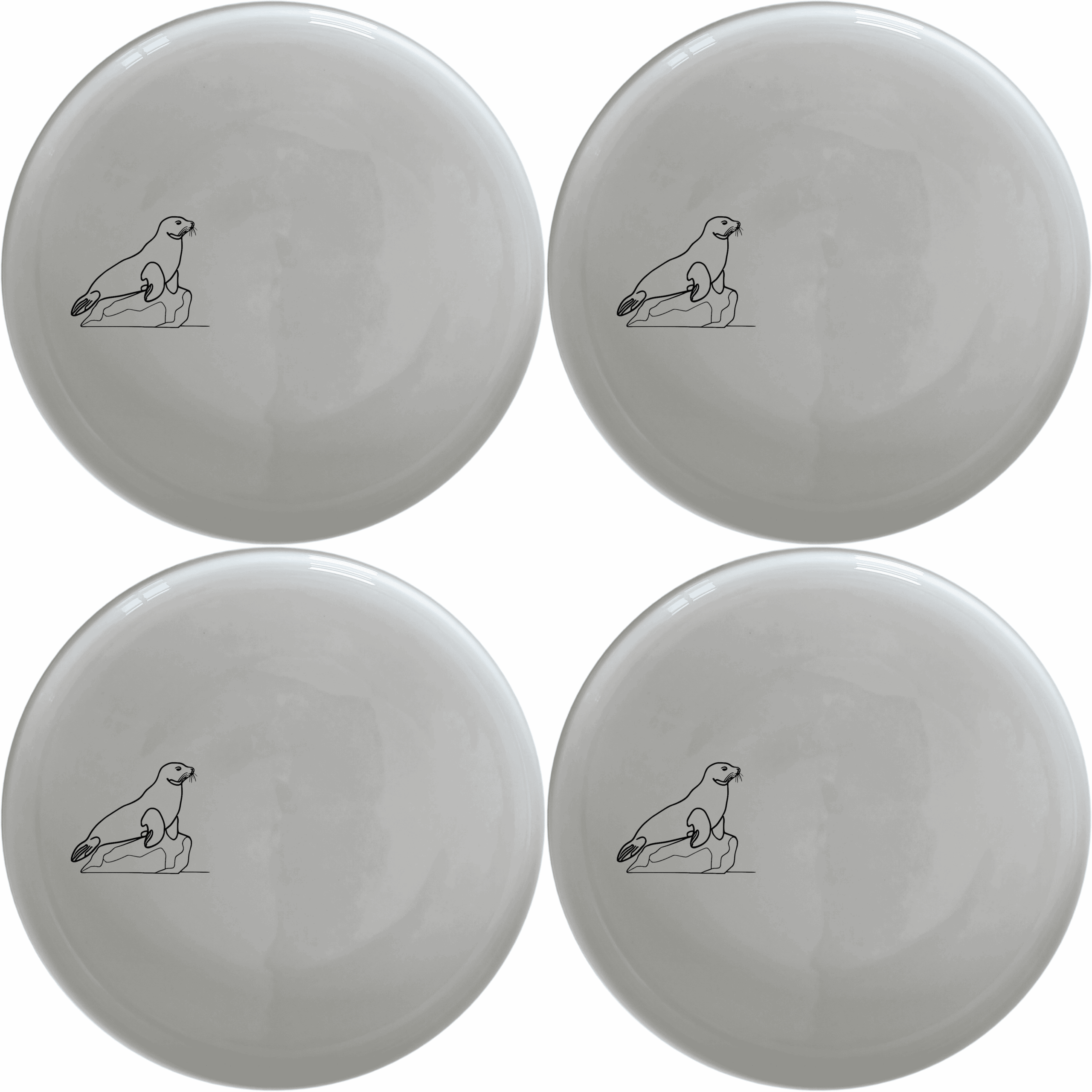 Harbor Seal Rock Dinner Plate Set of 4 - Range 1 is a beautiful and unique dinner plate set featuring a harbor seal on a rock design. Perfect for any home.