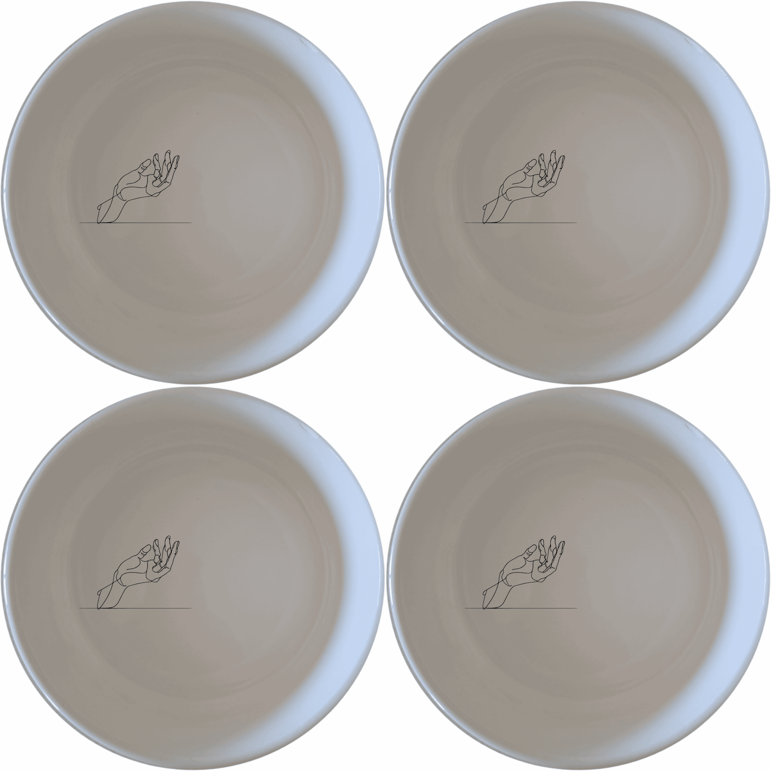 The Hand Drawing Flat Bowl Set of 4 - Range 4 features minimalist line art of a hand on each bowl, perfect for modern and contemporary dining settings.