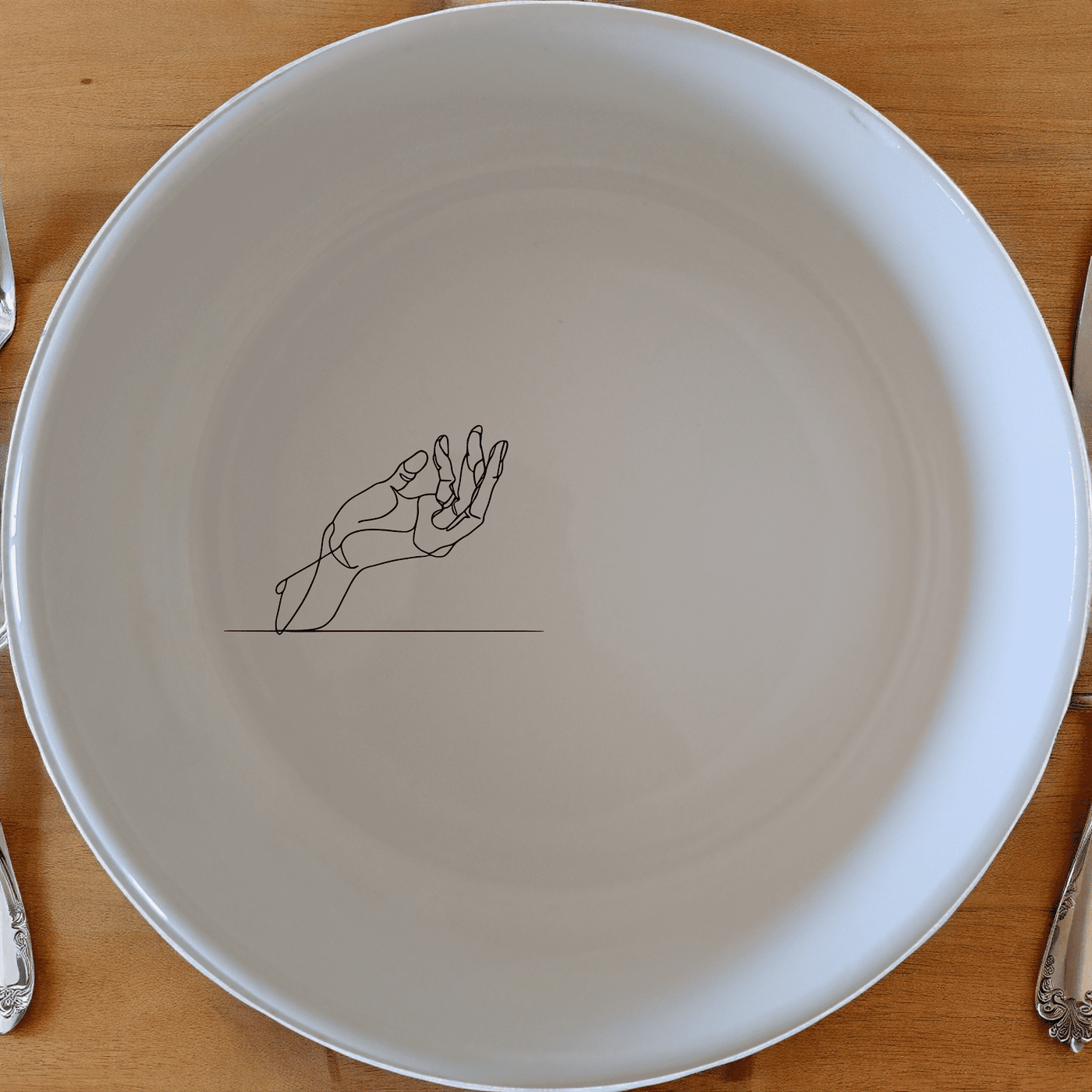 The Hand Drawing Flat Bowl Set of 4 - Range 4 features minimalist line art of a hand on each bowl, perfect for modern and contemporary dining settings.