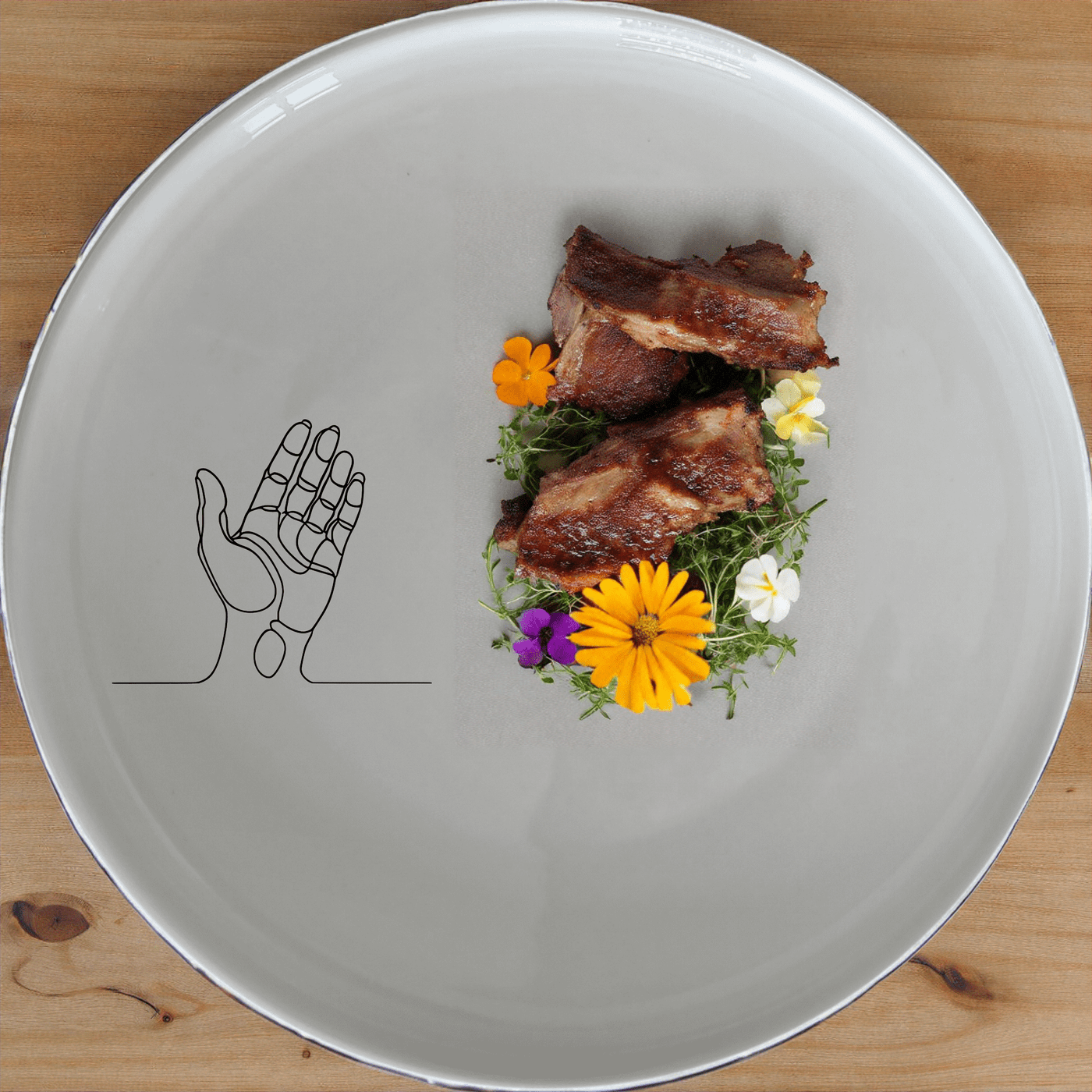 The Drawing Hand Dinner Plate Set of 4 - Range 3 features a minimalist design with an abstract hand illustration, perfect for modern dining.