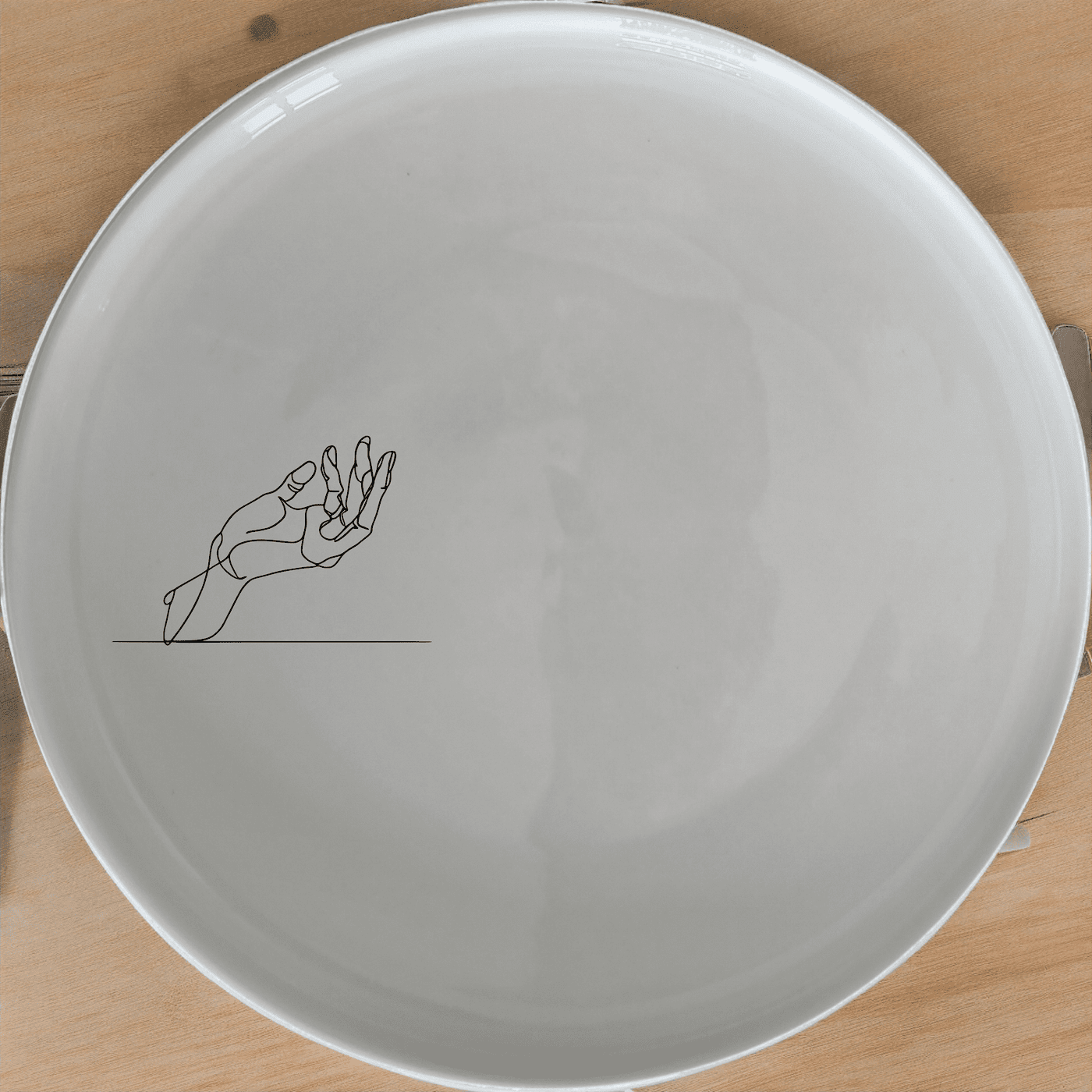 Detailed Drawing of a Hand Side Plate Set of 4 - Range 4 offers a modern and artistic touch to your dining table with its sleek design and abstract hand illustration.