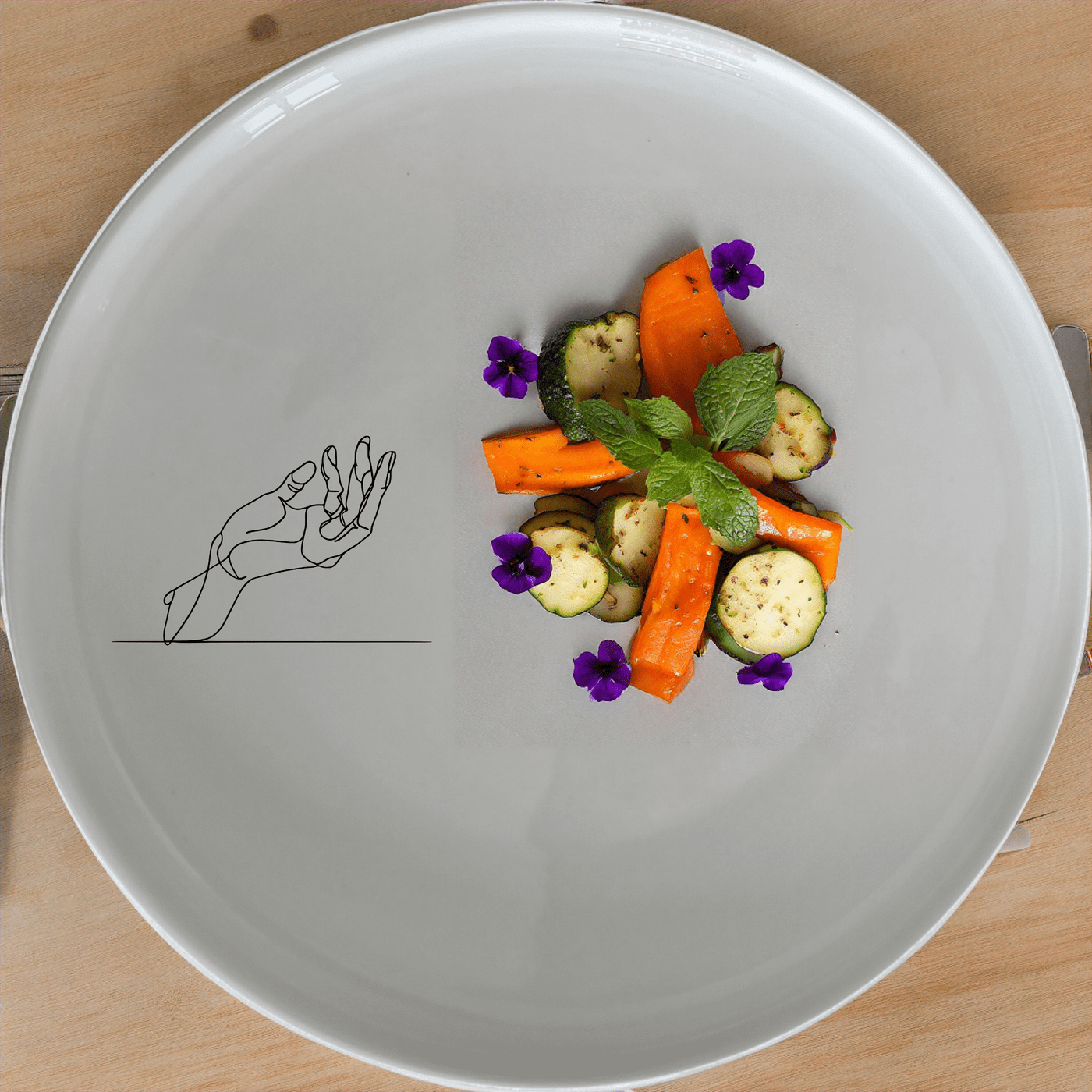 Detailed Drawing of a Hand Side Plate Set of 4 - Range 4 offers a modern and artistic touch to your dining table with its sleek design and abstract hand illustration.