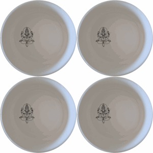 Discover the Hindu Imagery Panda Flat Bowl Set of 4, a beautifully crafted set of four white ceramic bowls with intricate Hindu imagery.