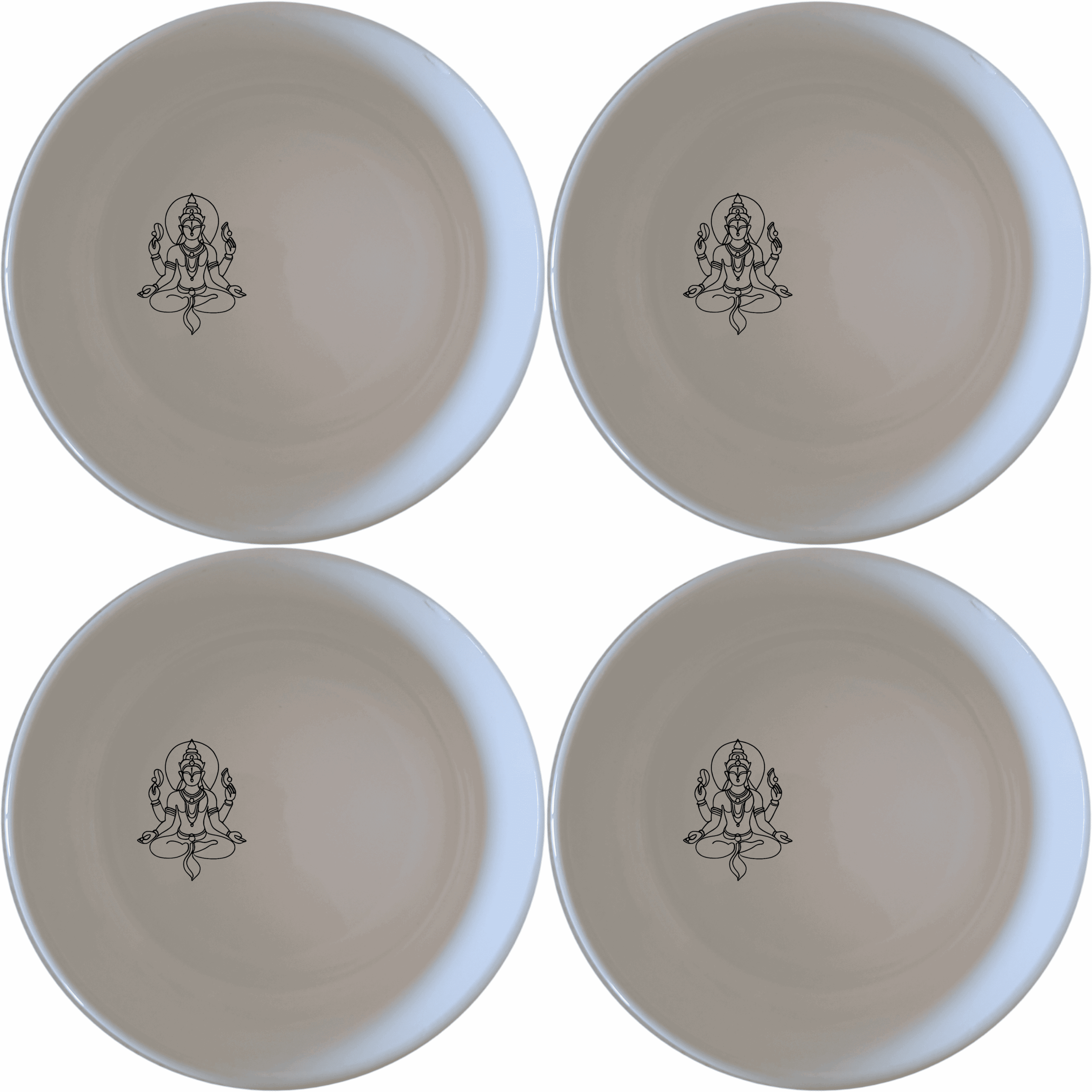 Discover the Hindu Imagery Panda Flat Bowl Set of 4, a beautifully crafted set of four white ceramic bowls with intricate Hindu imagery.