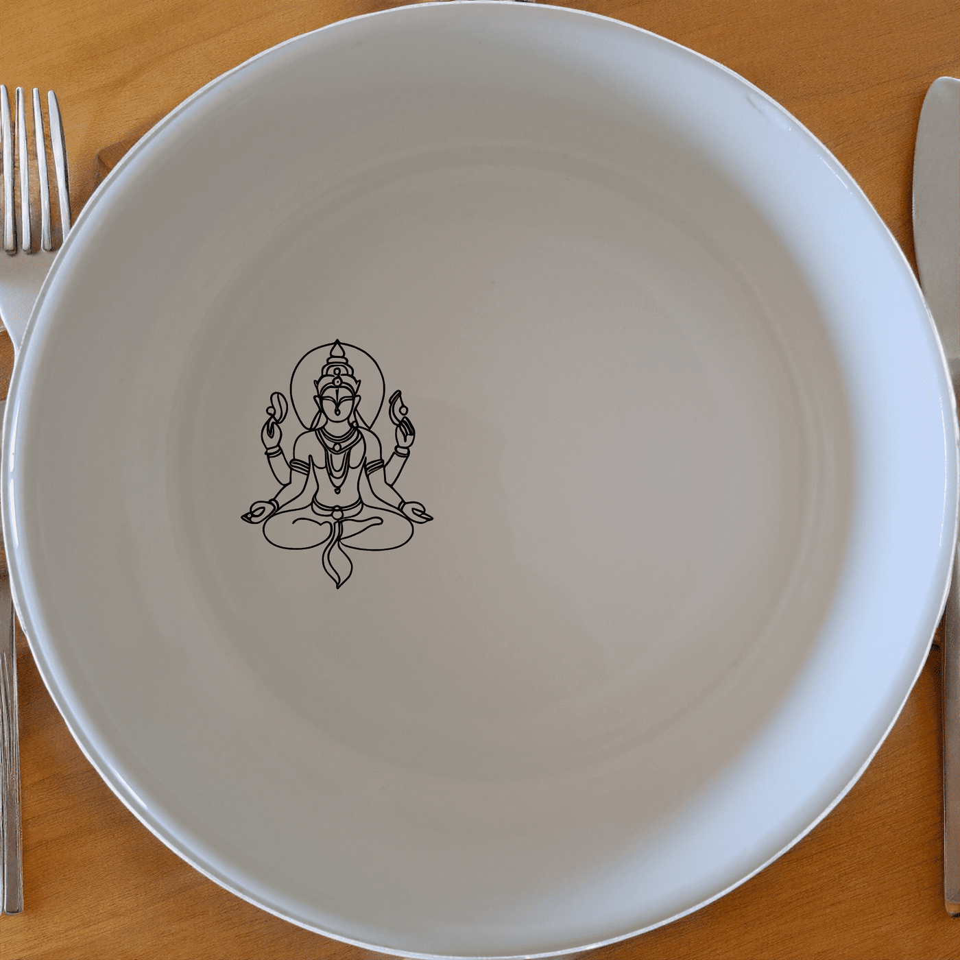 Discover the Hindu Imagery Panda Flat Bowl Set of 4, a beautifully crafted set of four white ceramic bowls with intricate Hindu imagery.