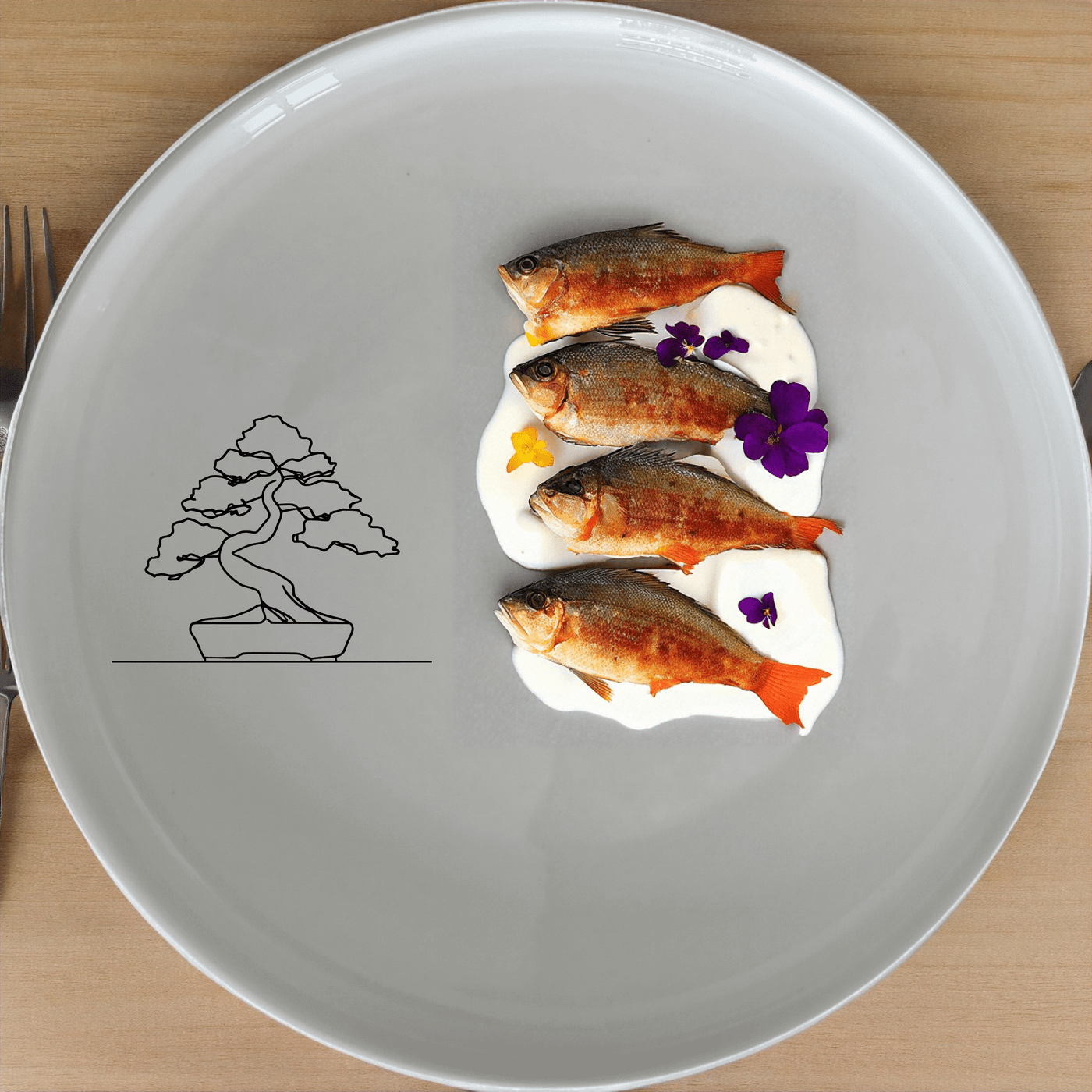 The Japanese Bonsai Tree Dinner Plate Set of 4 - Range 3 features a minimalist design perfect for modern dining. Each plate showcases a delicate bonsai tree illustration, adding an artistic touch to your table setting.