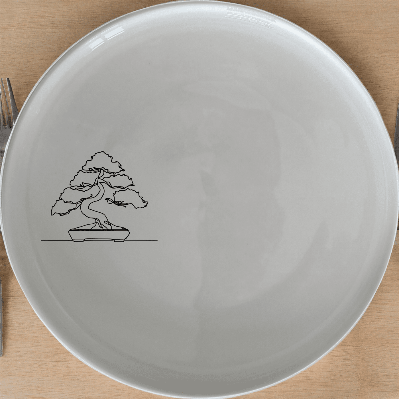 Japanese Bonsai Tree Dinner Plate Set of 4 - Range 4 is a stunning set of four elegant dinner plates featuring a minimalist bonsai tree design, perfect for any dining occasion.