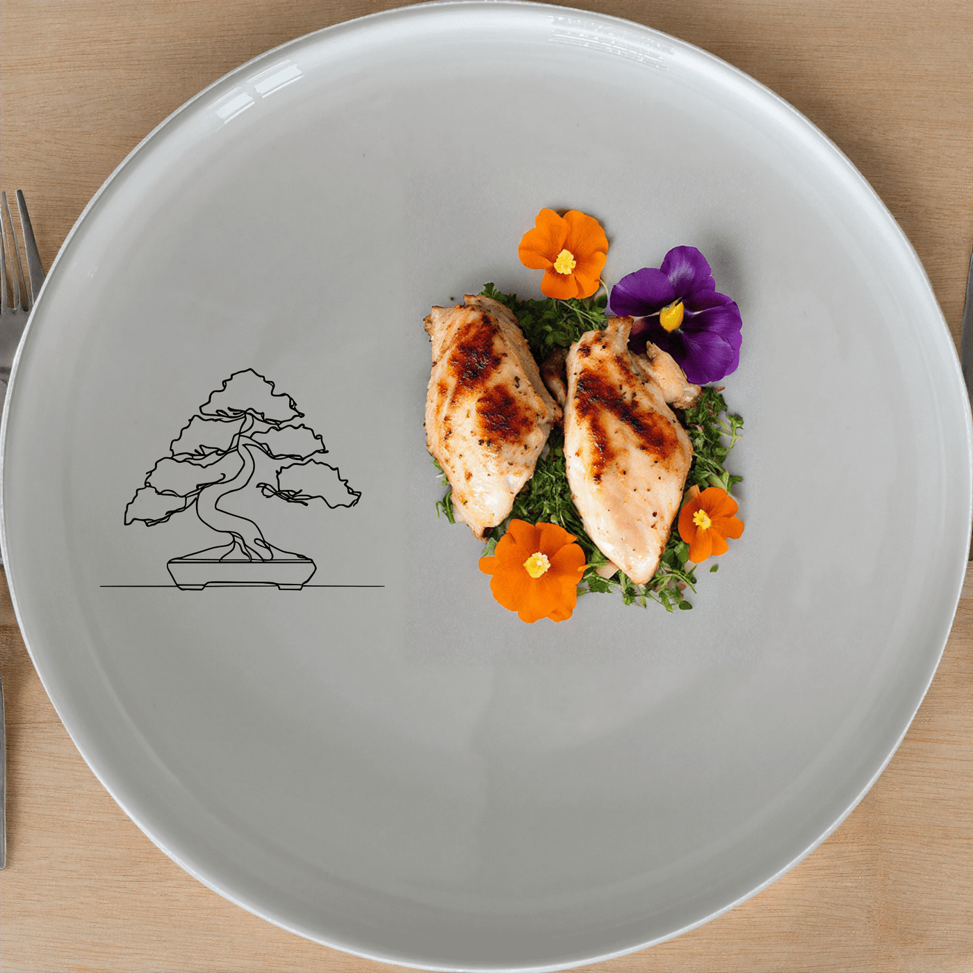 Japanese Bonsai Tree Dinner Plate Set of 4 - Range 4 is a stunning set of four elegant dinner plates featuring a minimalist bonsai tree design, perfect for any dining occasion.