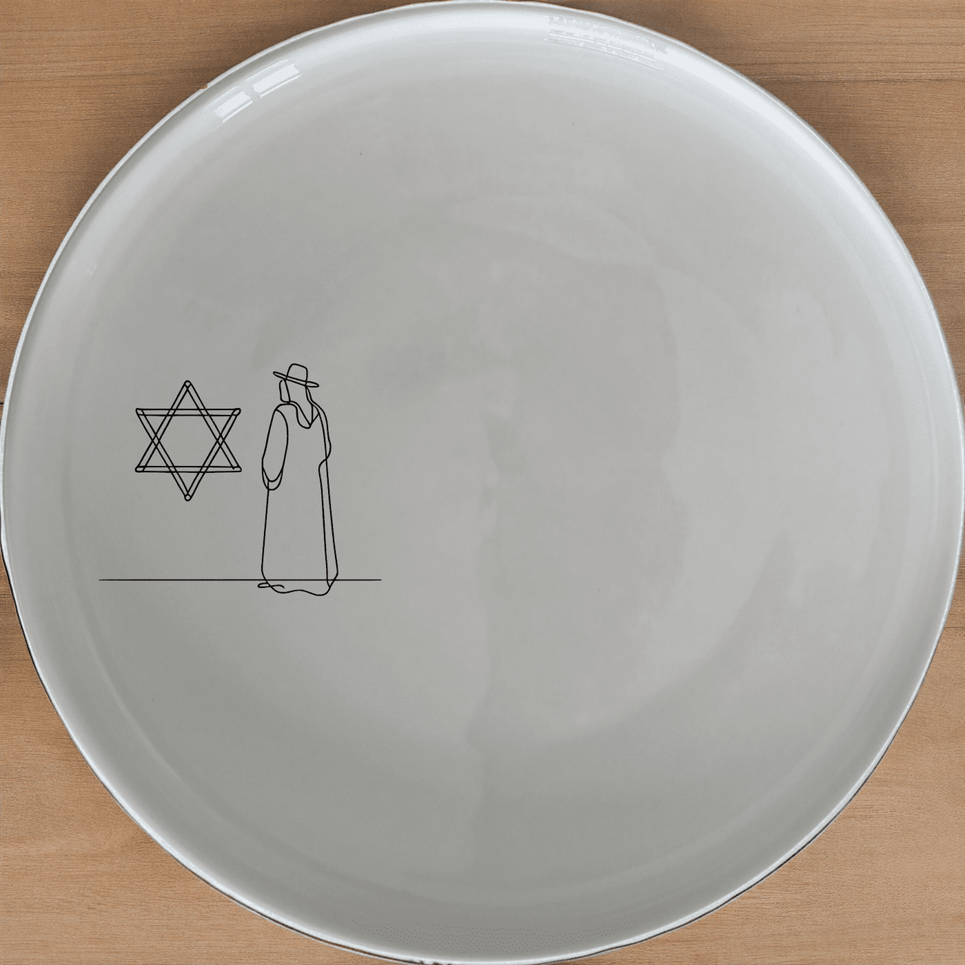 The Jewish Imagery Dinner Plate Set of 4 features a minimalist design with a Star of David and a traditional figure, perfect for adding a touch of cultural elegance to your dining table.