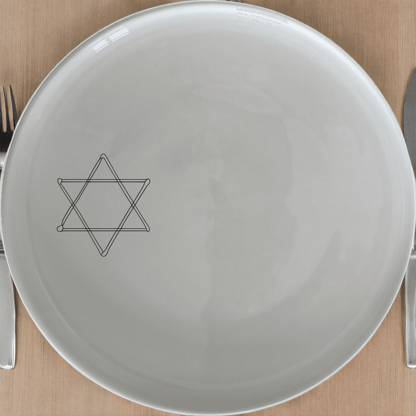 Jewish Imagery Side Plate Set of 4 features a classic Star of David design on a sleek white ceramic plate, perfect for any dining occasion.