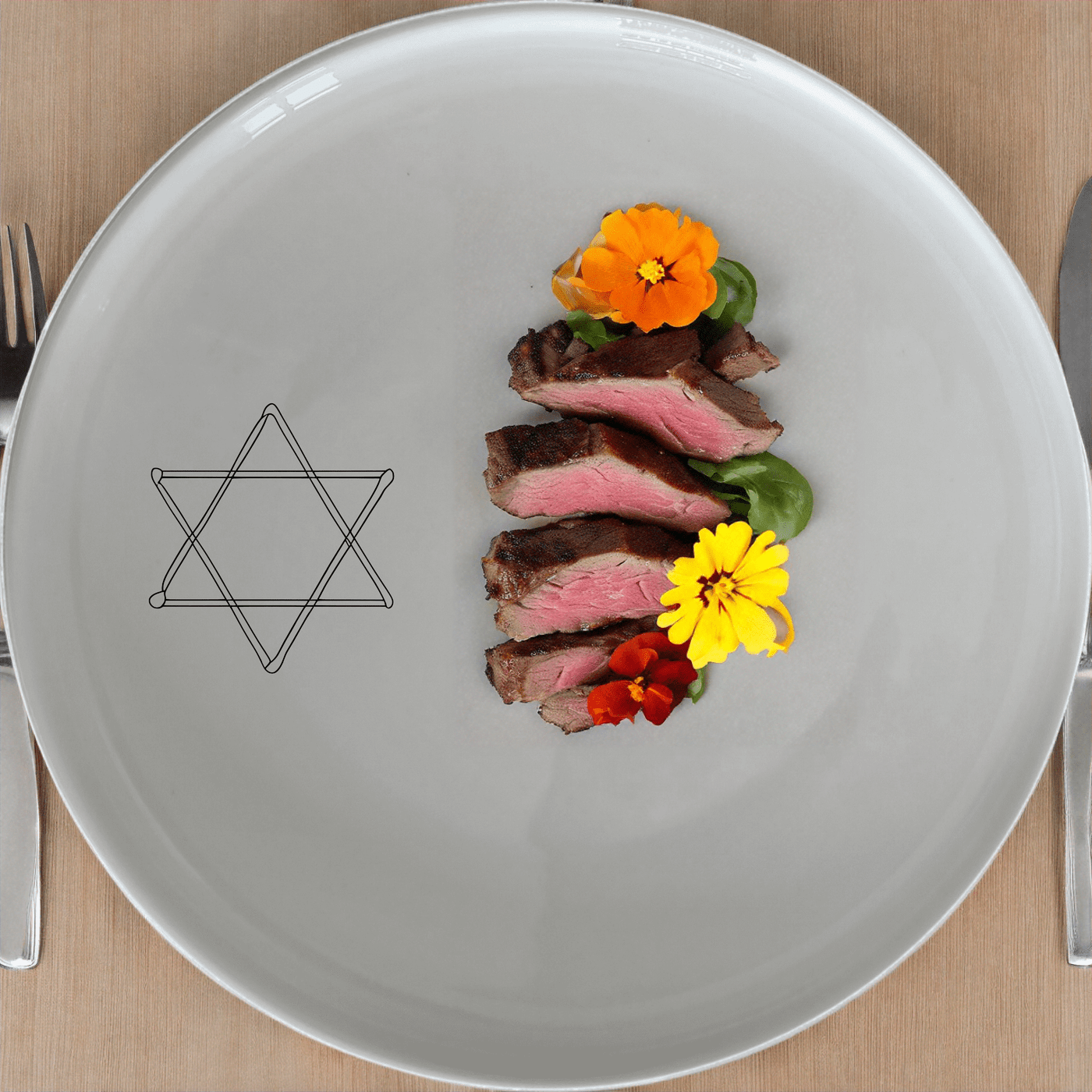 Jewish Imagery Side Plate Set of 4 features a classic Star of David design on a sleek white ceramic plate, perfect for any dining occasion.