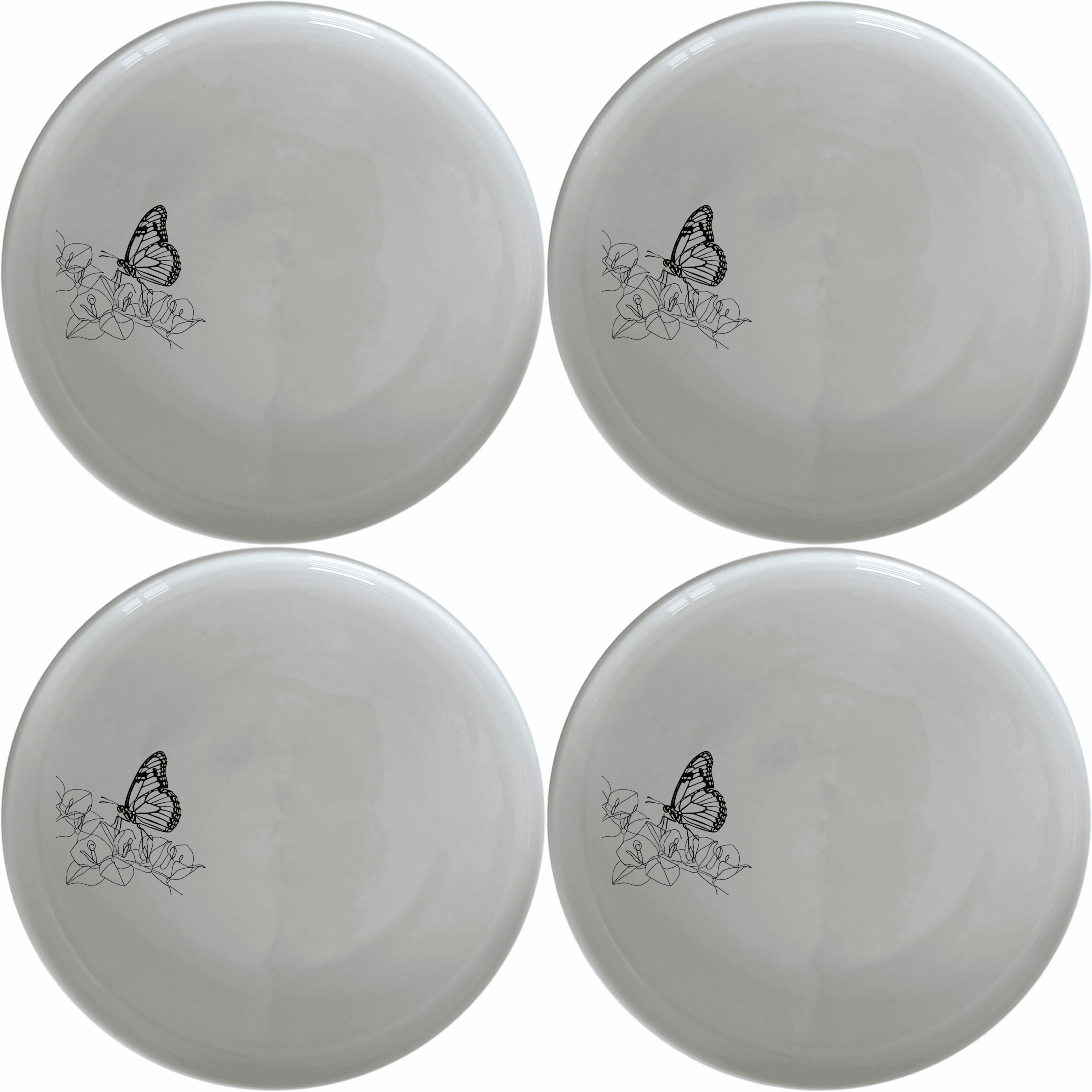 Monarch Butterfly Dinner Plate Set of 4 - Range 1 is a stunning set of four white ceramic dinner plates featuring an elegant monarch butterfly design. Perfect for any dining occasion.