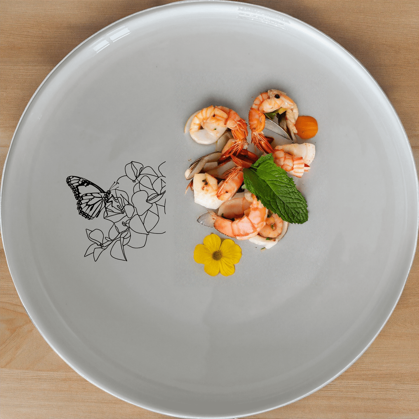 Monarch Butterfly Bougainvillea Dinner Plate Set of 4 - Range 4 is a stunning set of four dinner plates featuring a delicate laser-etched monarch butterfly design on a white ceramic base.