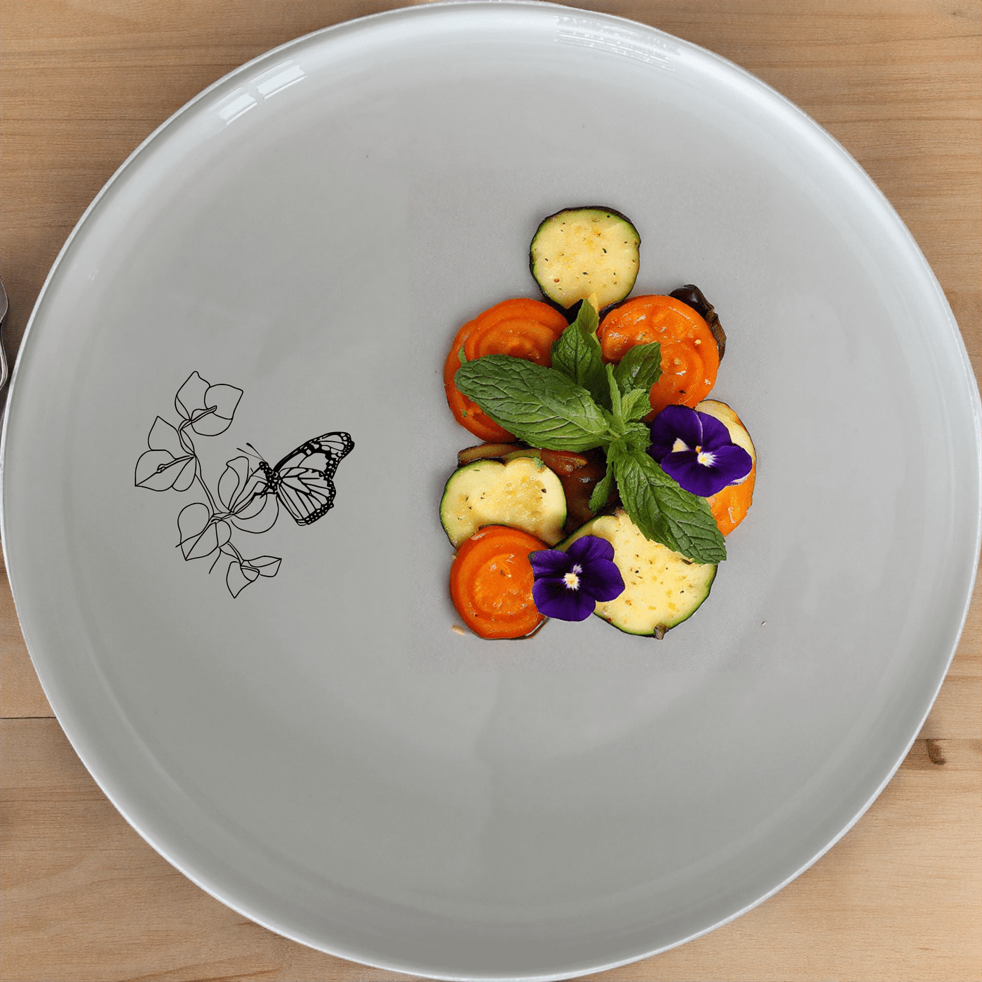 Monarch Butterfly Bougainvillea Side Plate Set of 4 - Range 3 is a stunning set of four 21cm white ceramic plates with laser-etched butterfly designs, perfect for adding a touch of elegance to any dining table.