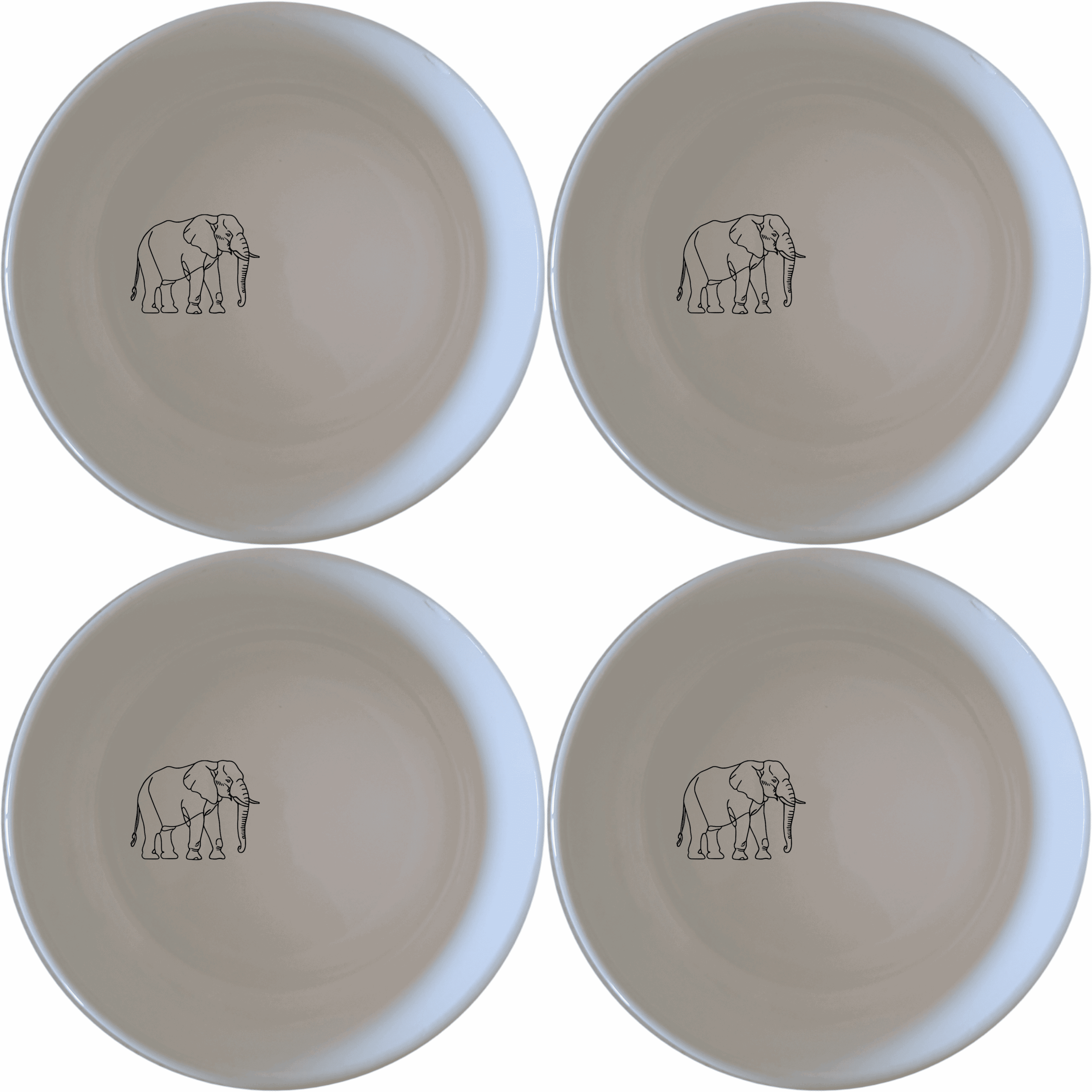 The Silhouette Big Five African Elephant Bowl Set of 4 features elegant elephant designs on white ceramic bowls, perfect for any dining occasion.